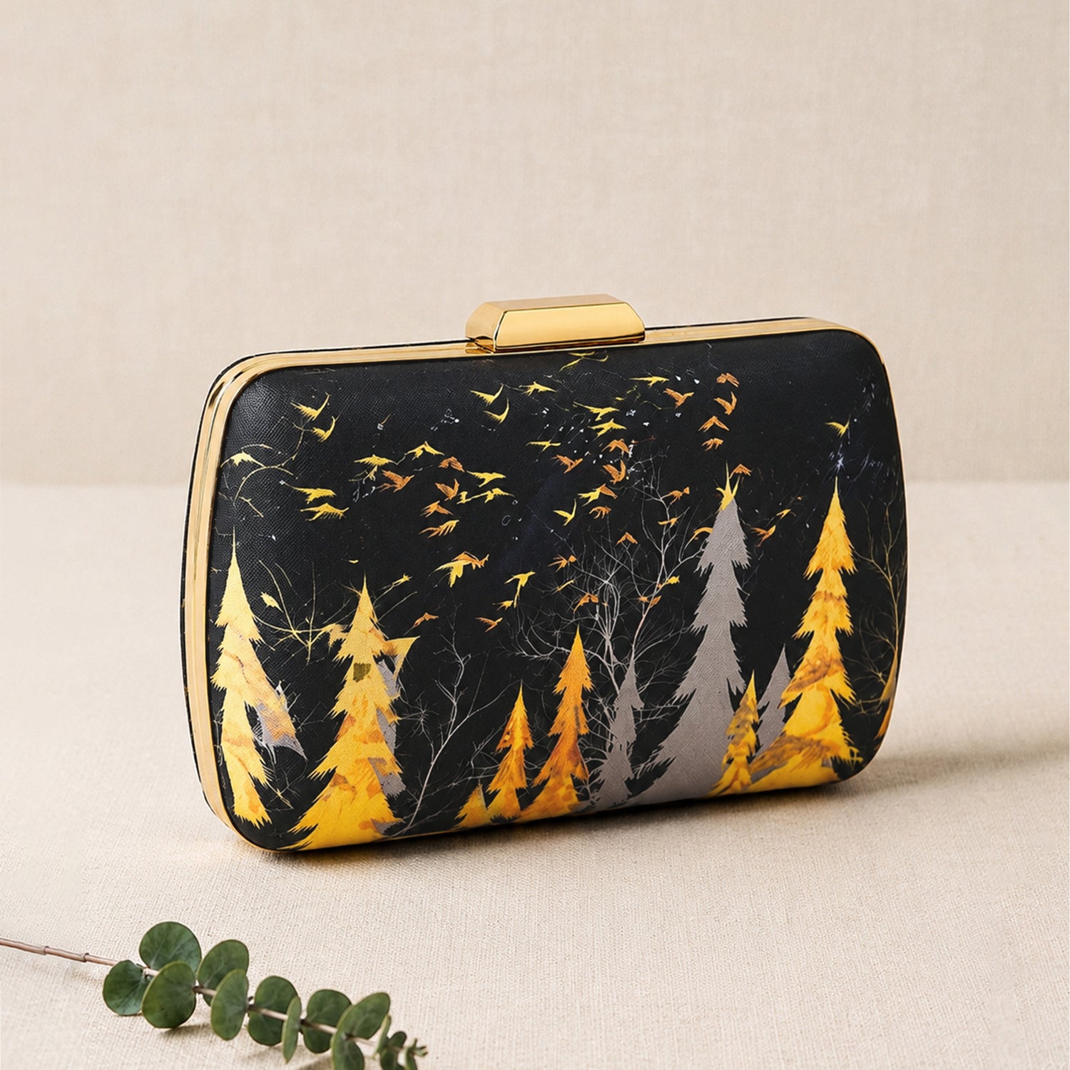 Artklim Elegant Black Forest Tree Printed Clutch