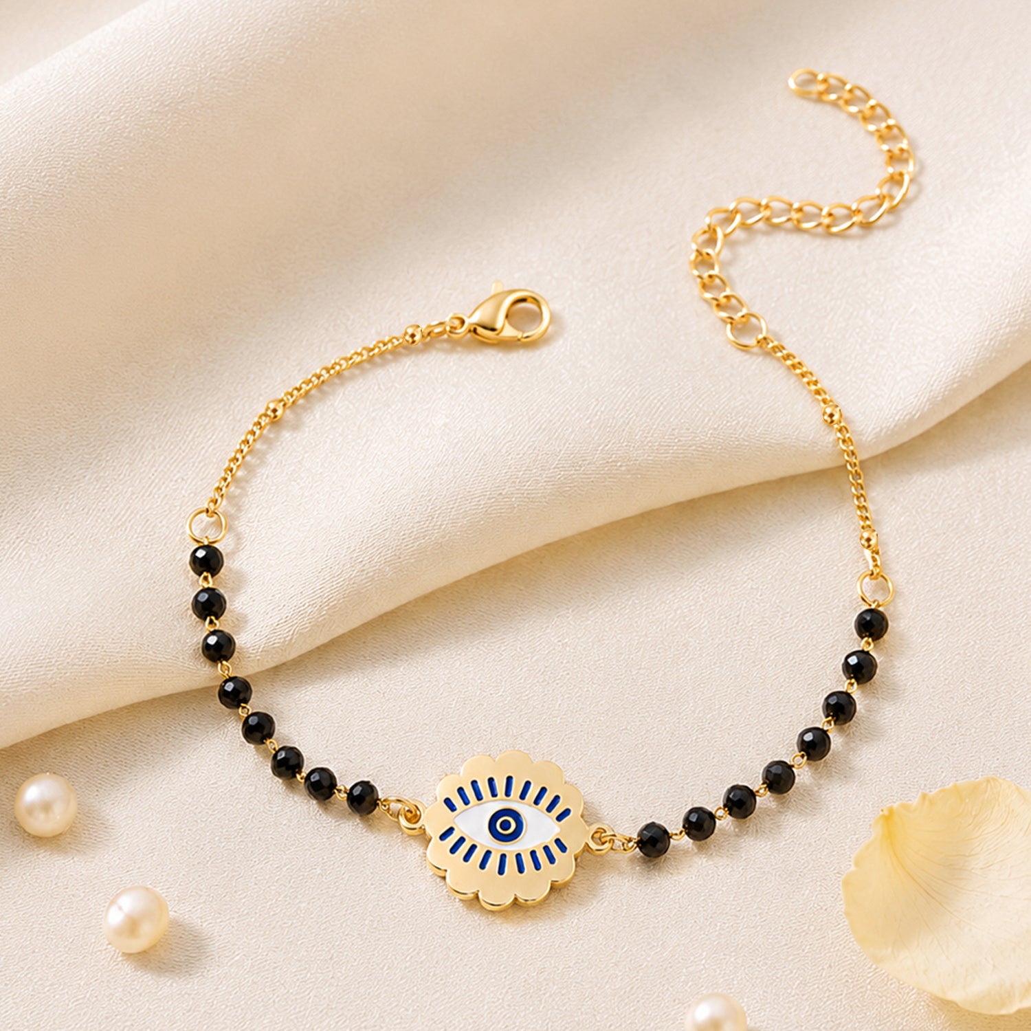 Artklim Black Beaded Floral Evil Eye Gold Bracelet Anti-Tarnish Bracelet