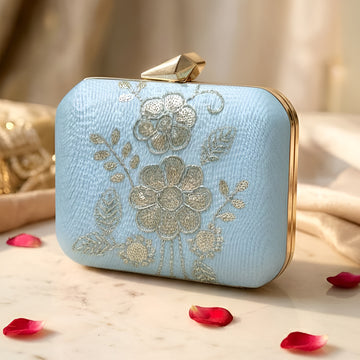 Artklim Elegant Sky Blue Gold Thread Embroidered Clutch