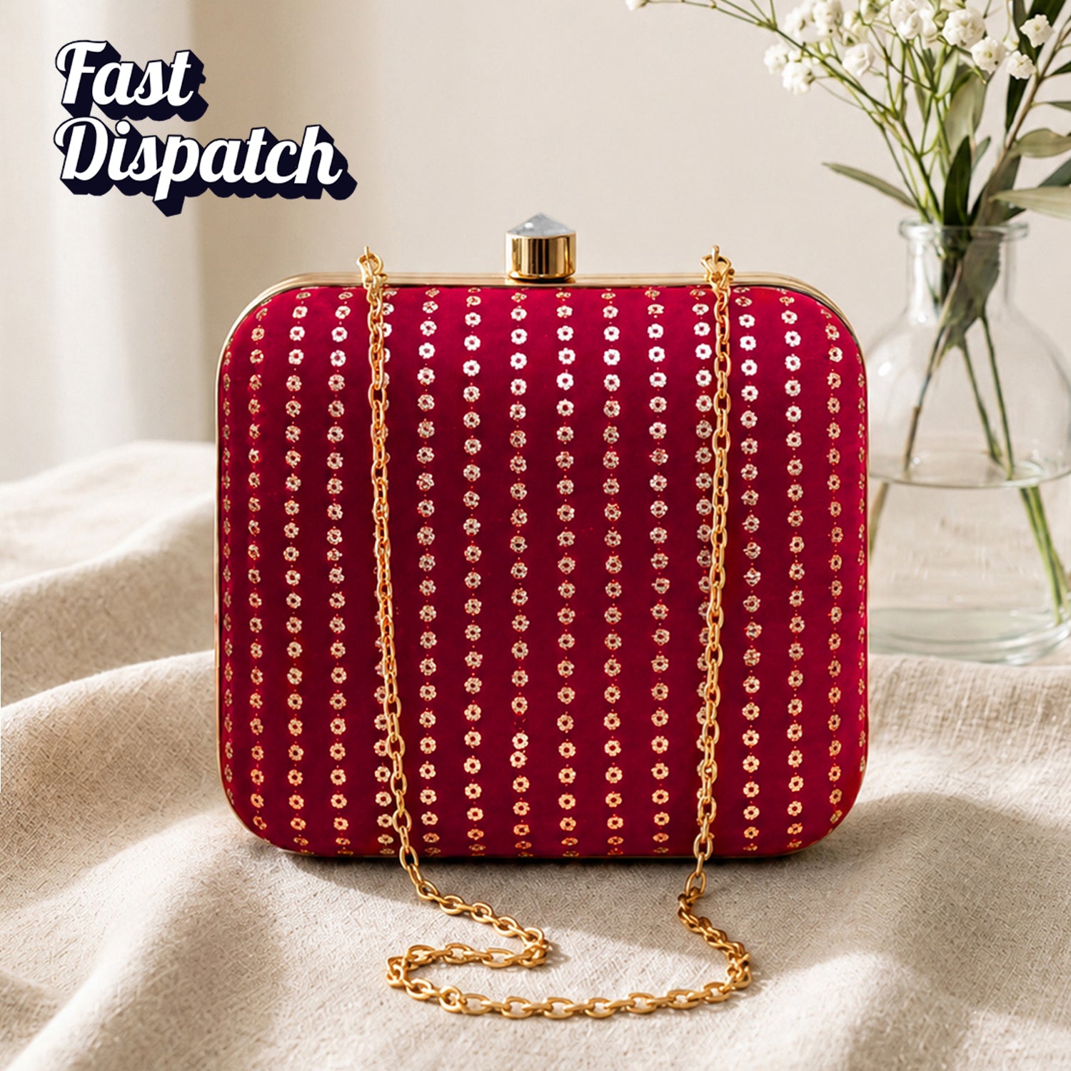 Artklim Magneta Pink Based Golden Sequins Embroidery Clutch