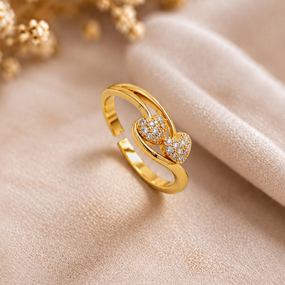 Artklim Chic Twin Heart Sparkle Gold-Tone Anti-Tarnish Ring