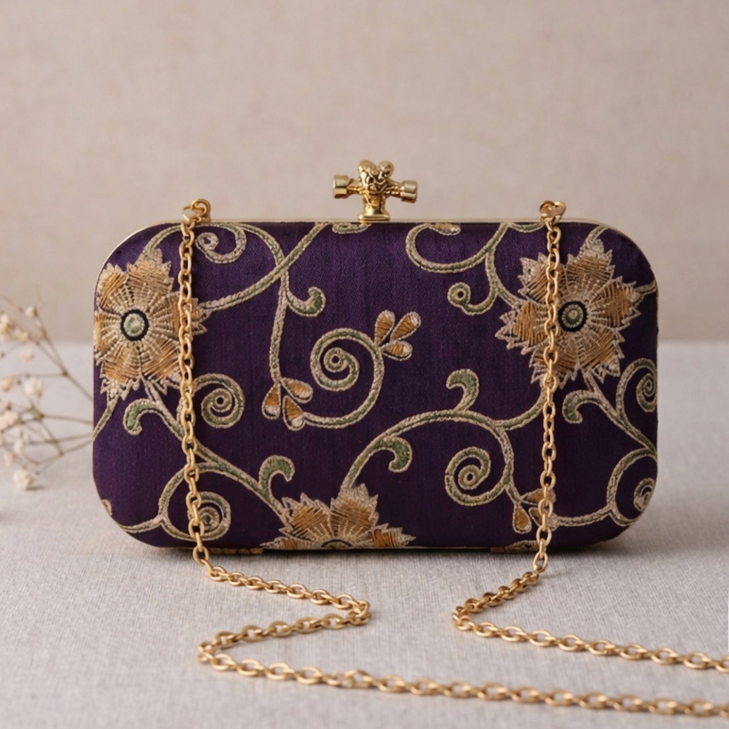 Artklim Royal Purple Floral Embroidered Clutch