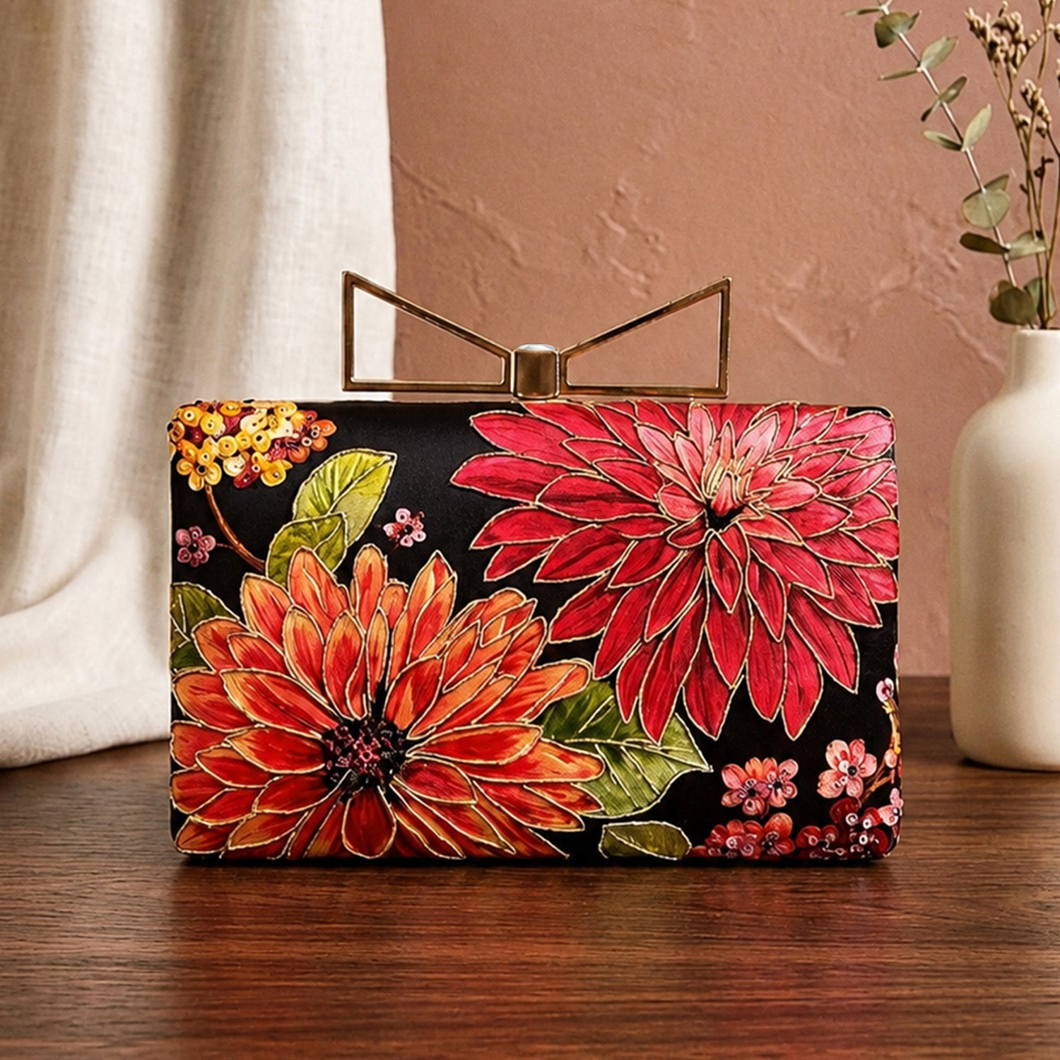 Artklim Printed Black Floral Designer Clutch with Hand Embroidery