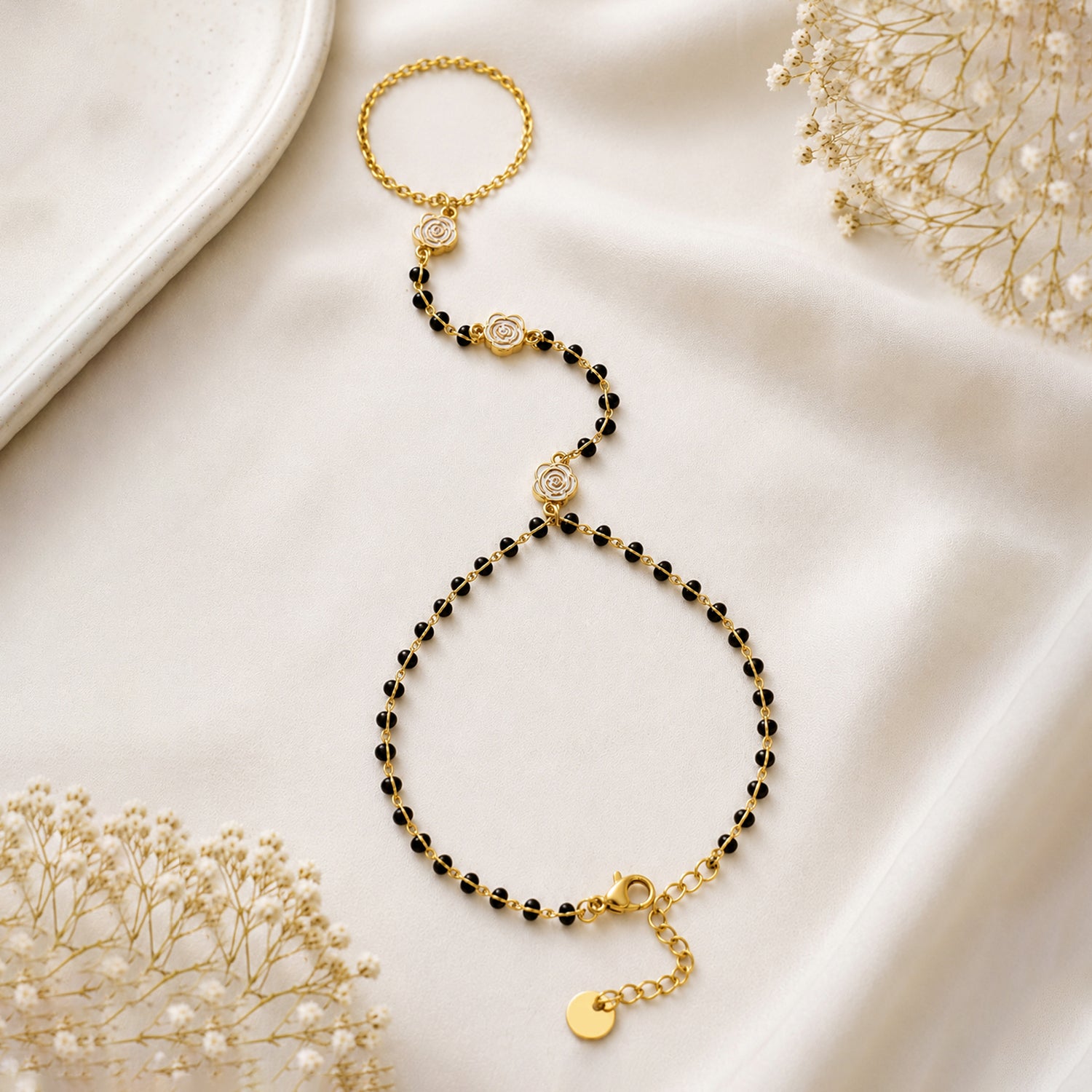 Artklim Gold Plated Black Beaded Hand Harness Anti-Tarnish Hand Chain Bracelet