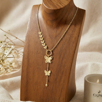 Artklim Gold-Plated Leaf & Butterfly Lariat Anti-Tarnish Pendant Necklace