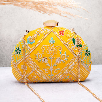 Artklim Yellow Based Multicolored Threadwork Embroidery Clutch