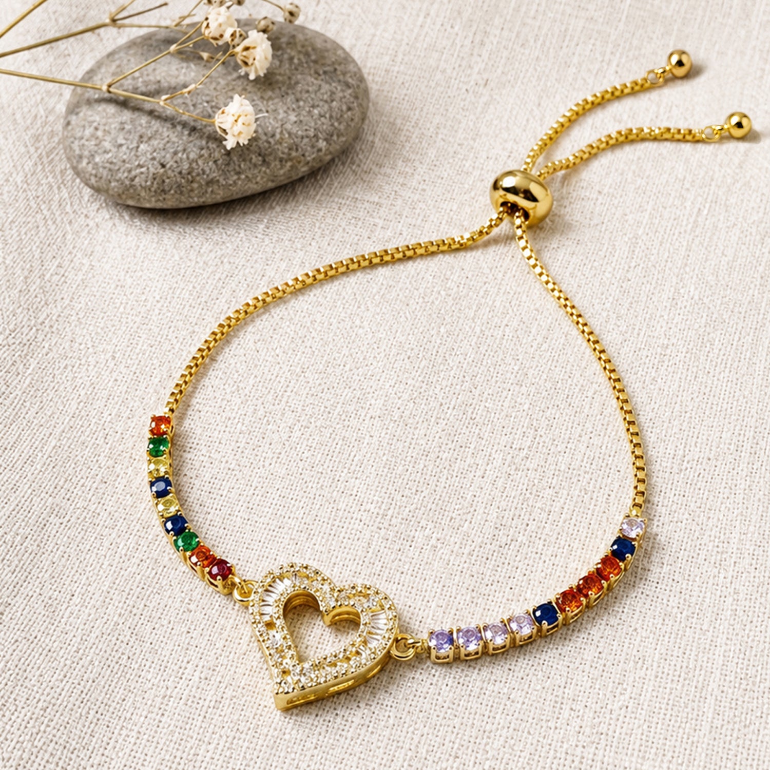 Artklim Gold Plated Rainbow Heart Charm Anti-Tarnish Bracelet