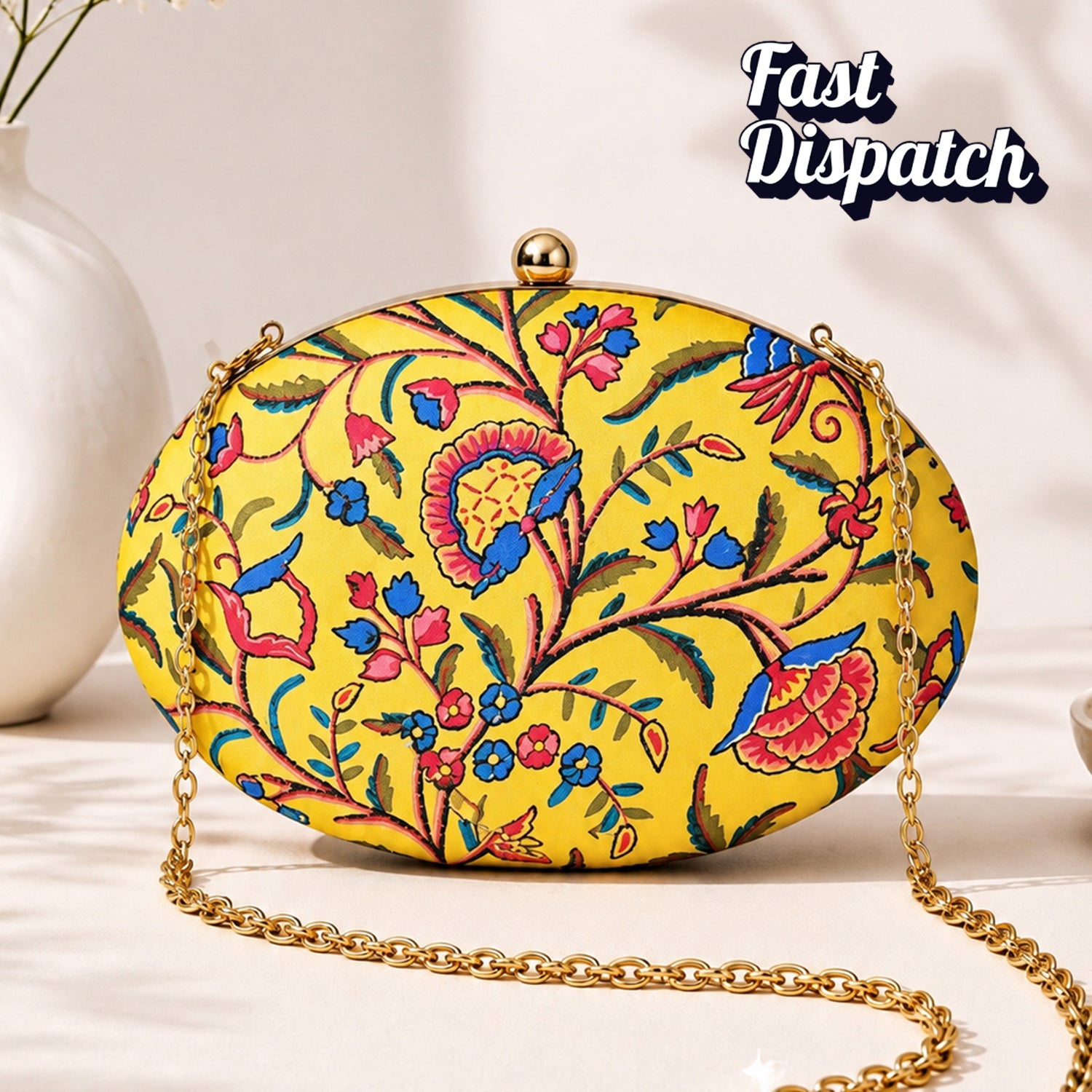 Artklim Yellow Printed Oval Clutch