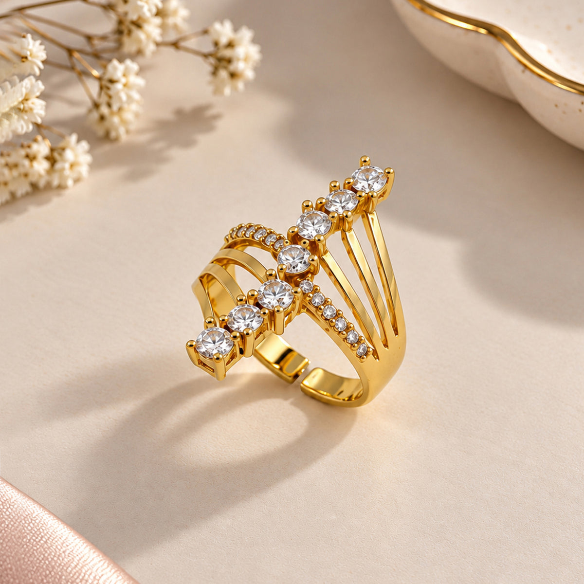 Artklim Elegant Multi-Stone Crystal Gold-Tone Anti-Tarnish Ring