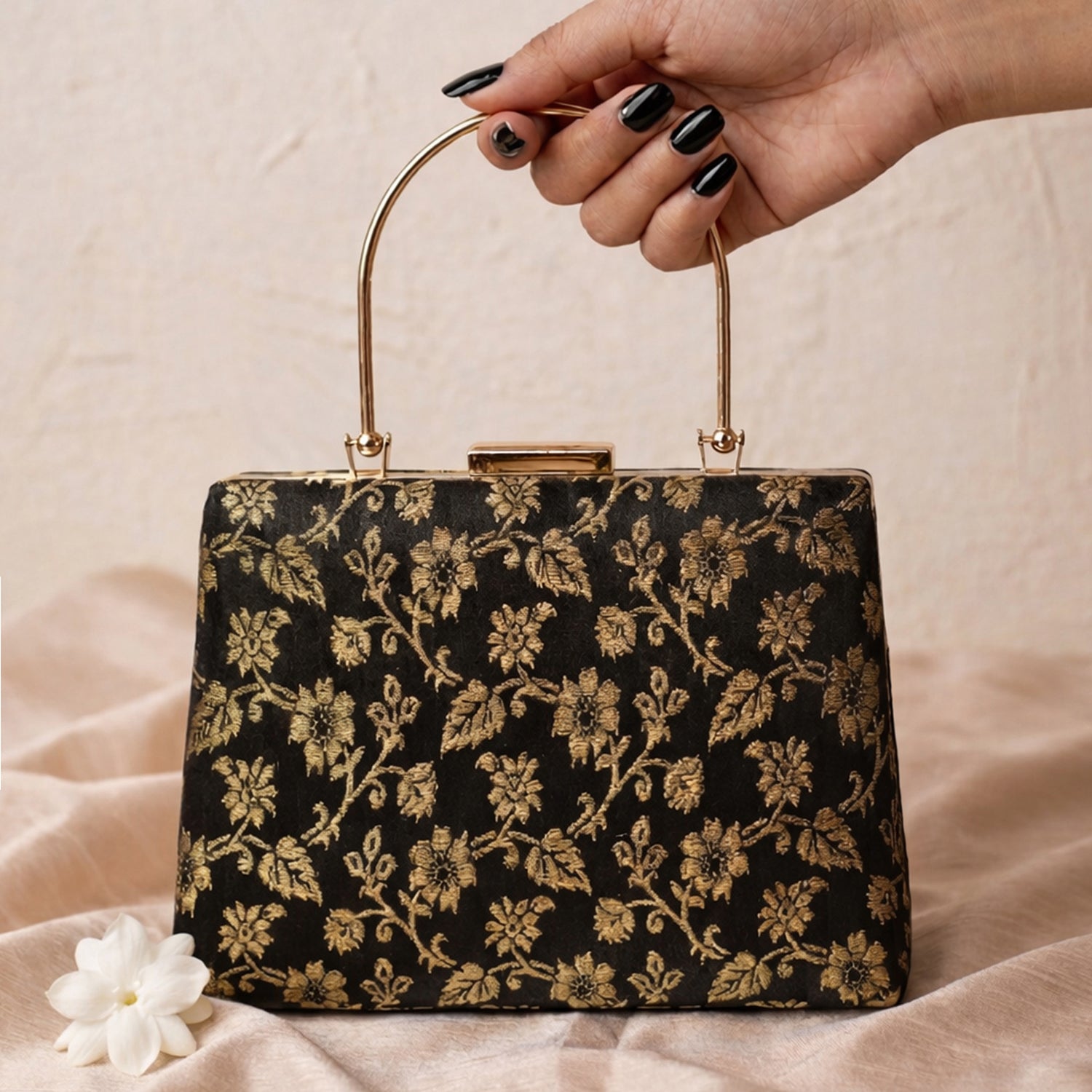 Artklim Elegant Black & Gold Floral Embroidery clutch
