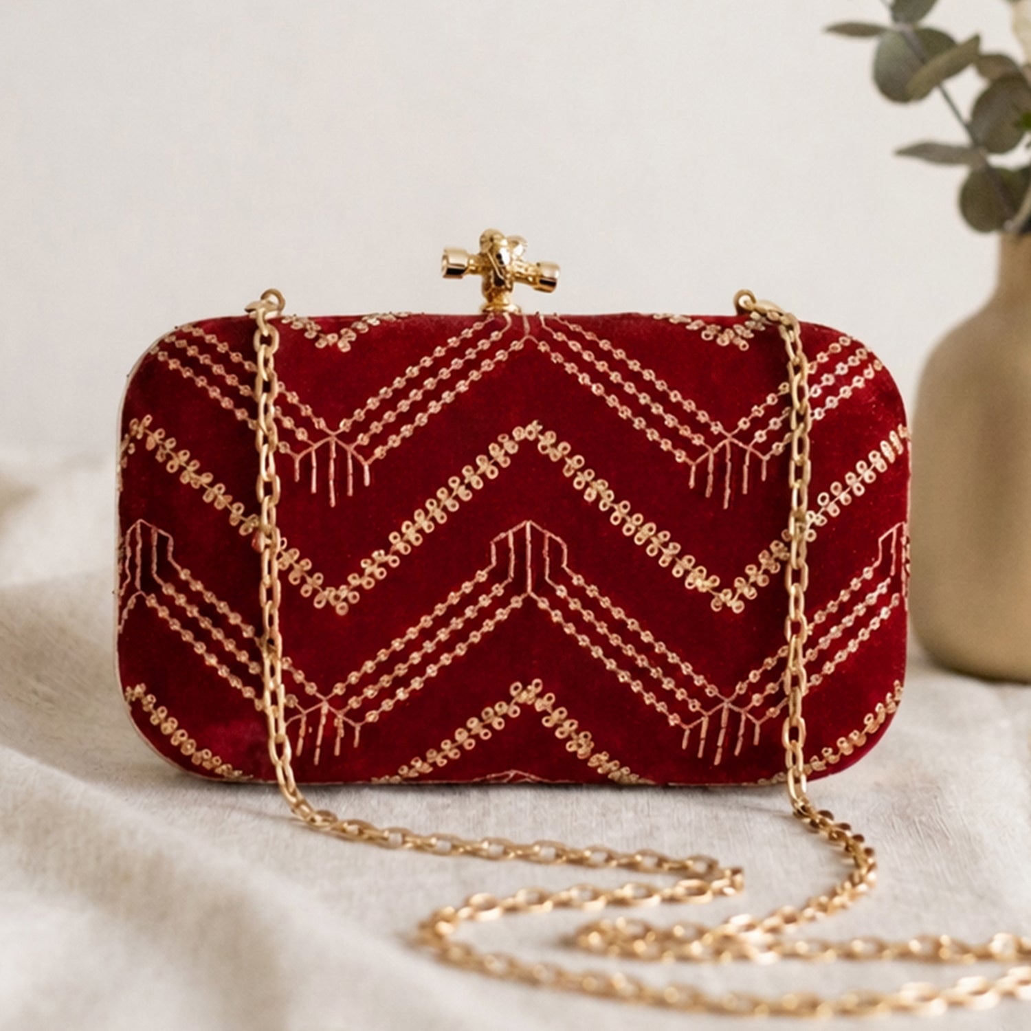 Artklim Royal Red Velvet Embroidered Clutch