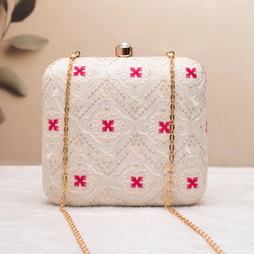 Artklim White with Pink Sequin Embroidery Clutch