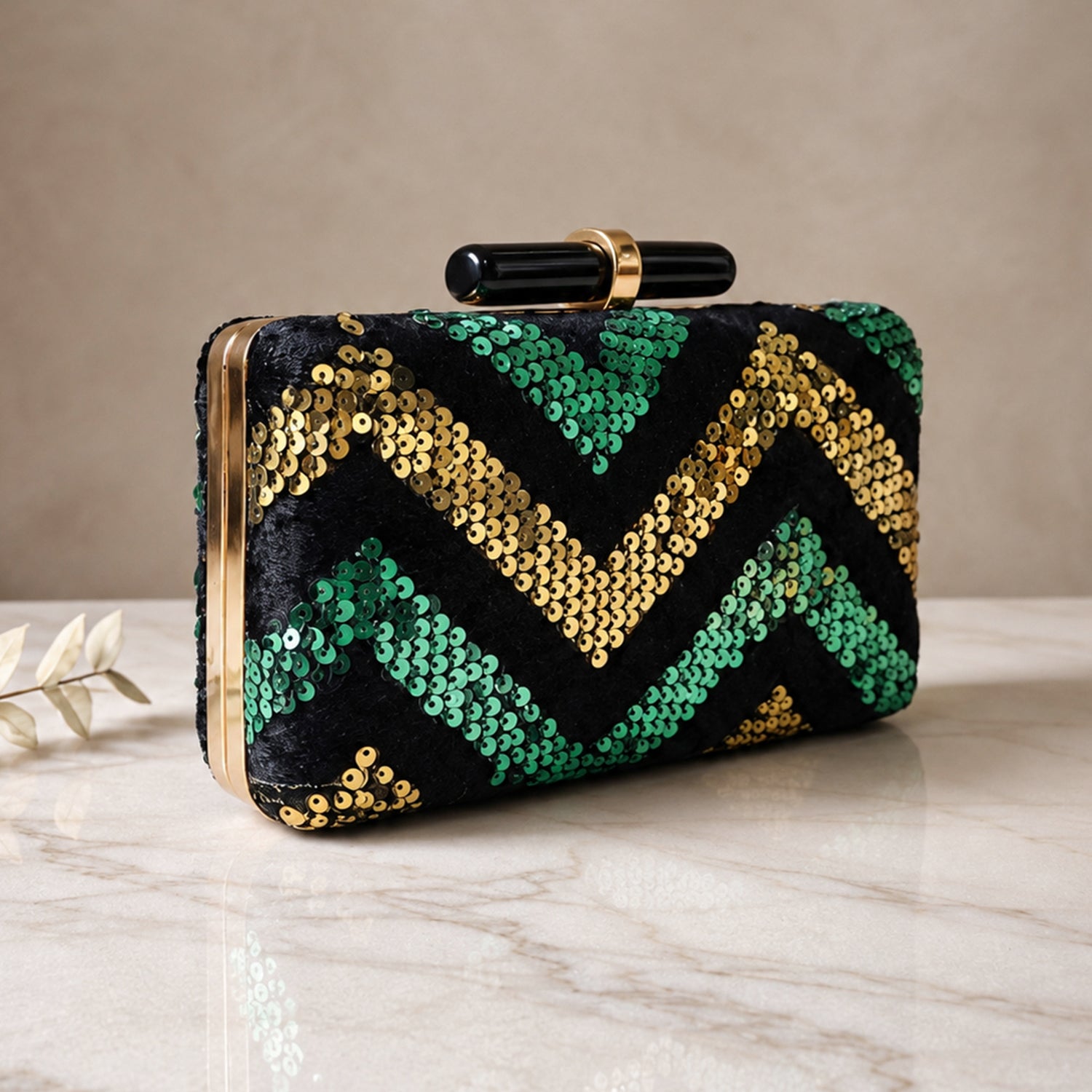Green And Golden Sequin Zigzag Embroidery Clutch
