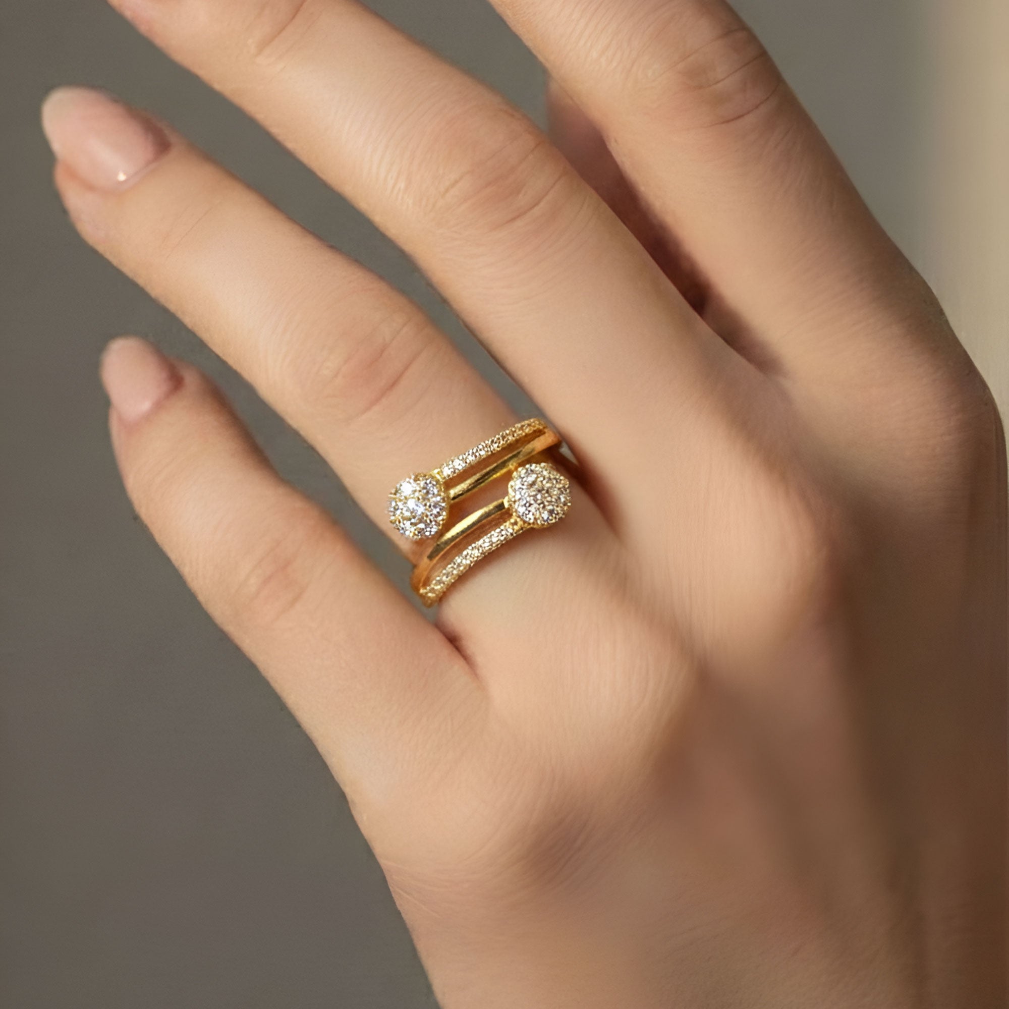 Artklim Gold-Plated Elegant Double Crystal Anti-Tarnish Ring