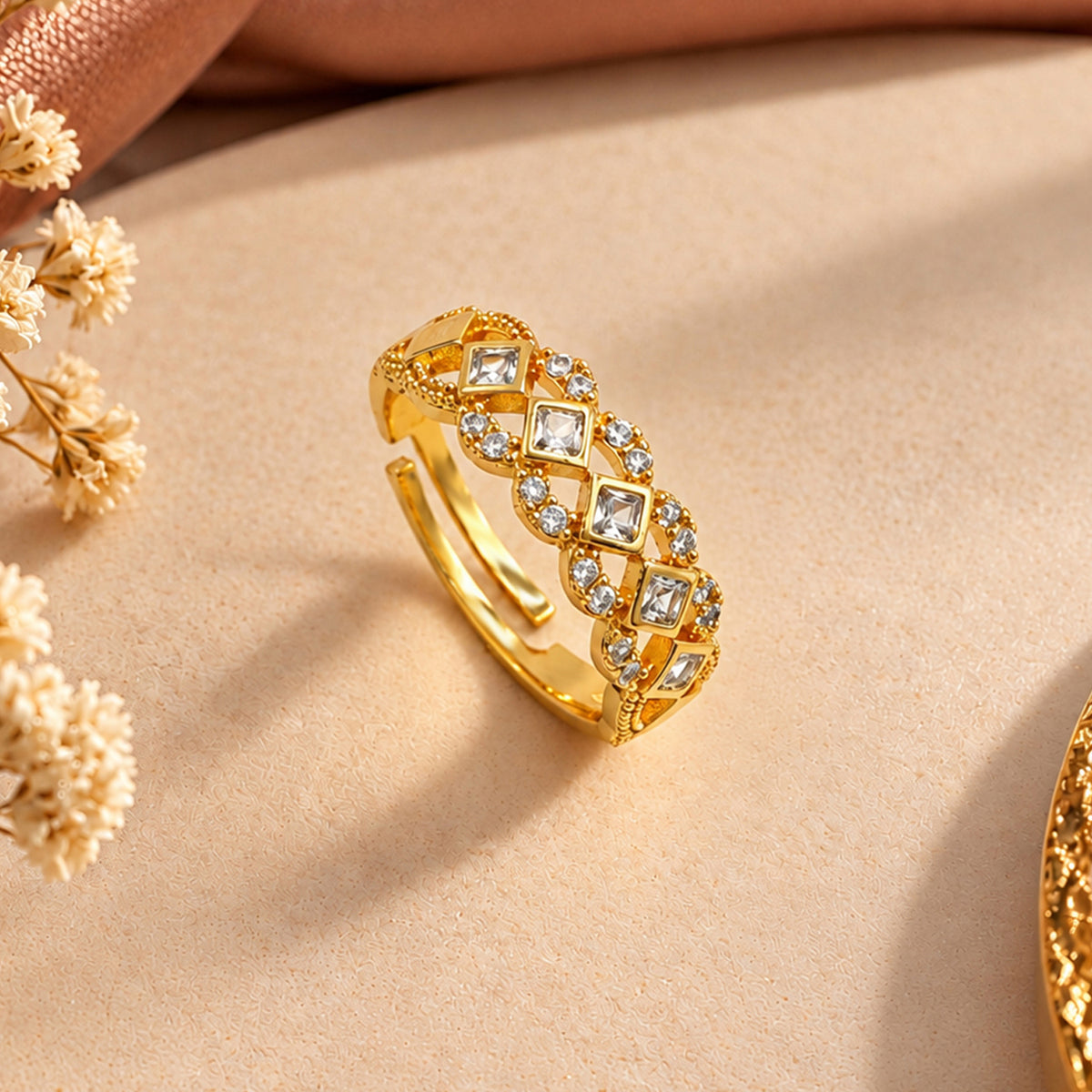 Artklim Square Crystal Link Gold-Tone Anti-Tarnish Ring