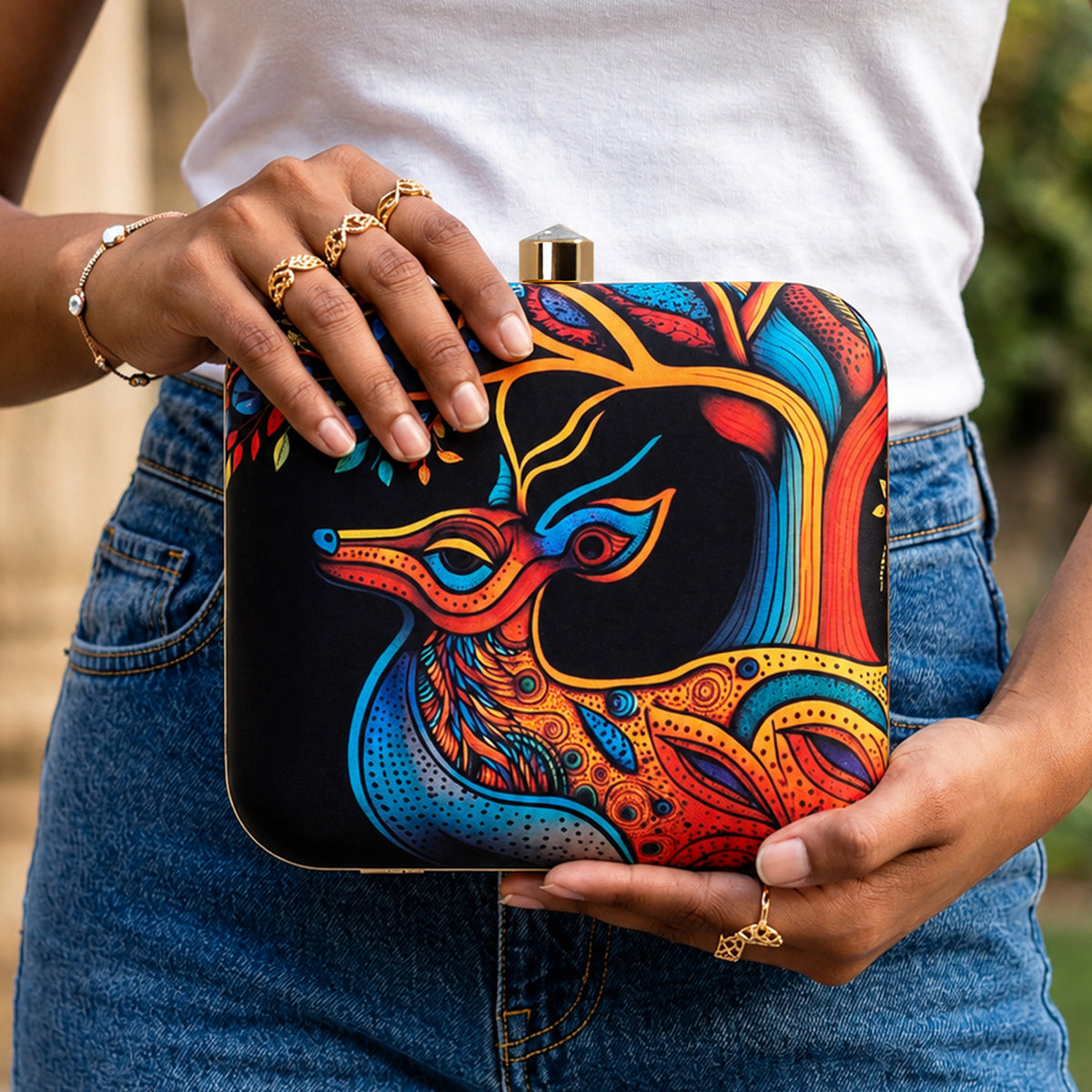 Artklim Peacock Feather Printed Designer Chain Clutch