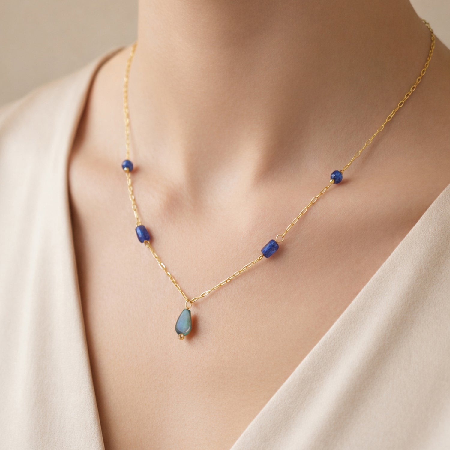 Artklim Gold-Plated Elegant Blue Bead Drop Anti-Tarnish Pendant Necklace