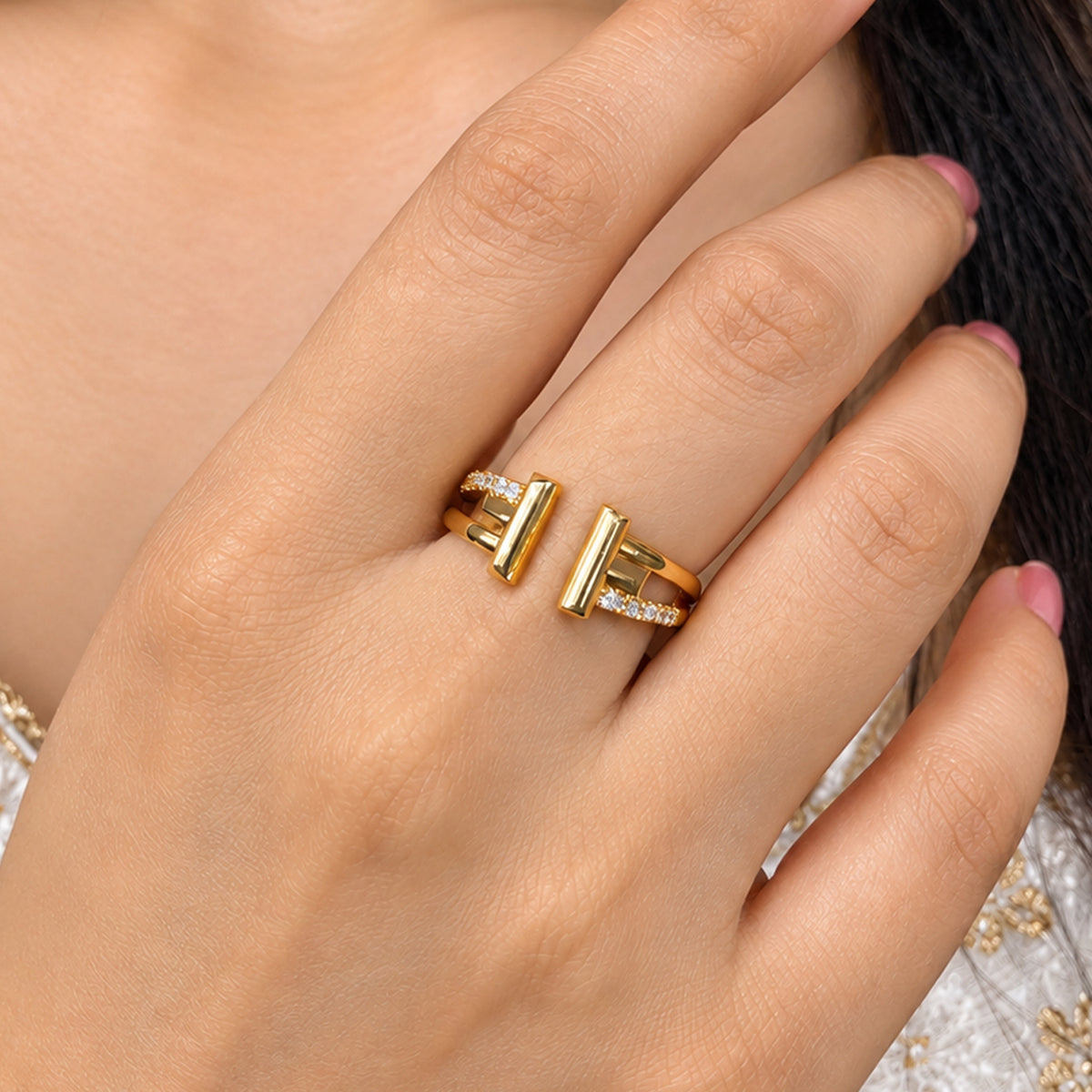 Artklim Minimalist T-Bar Crystal Gold-Tone Statement Anti-Tarnish Ring