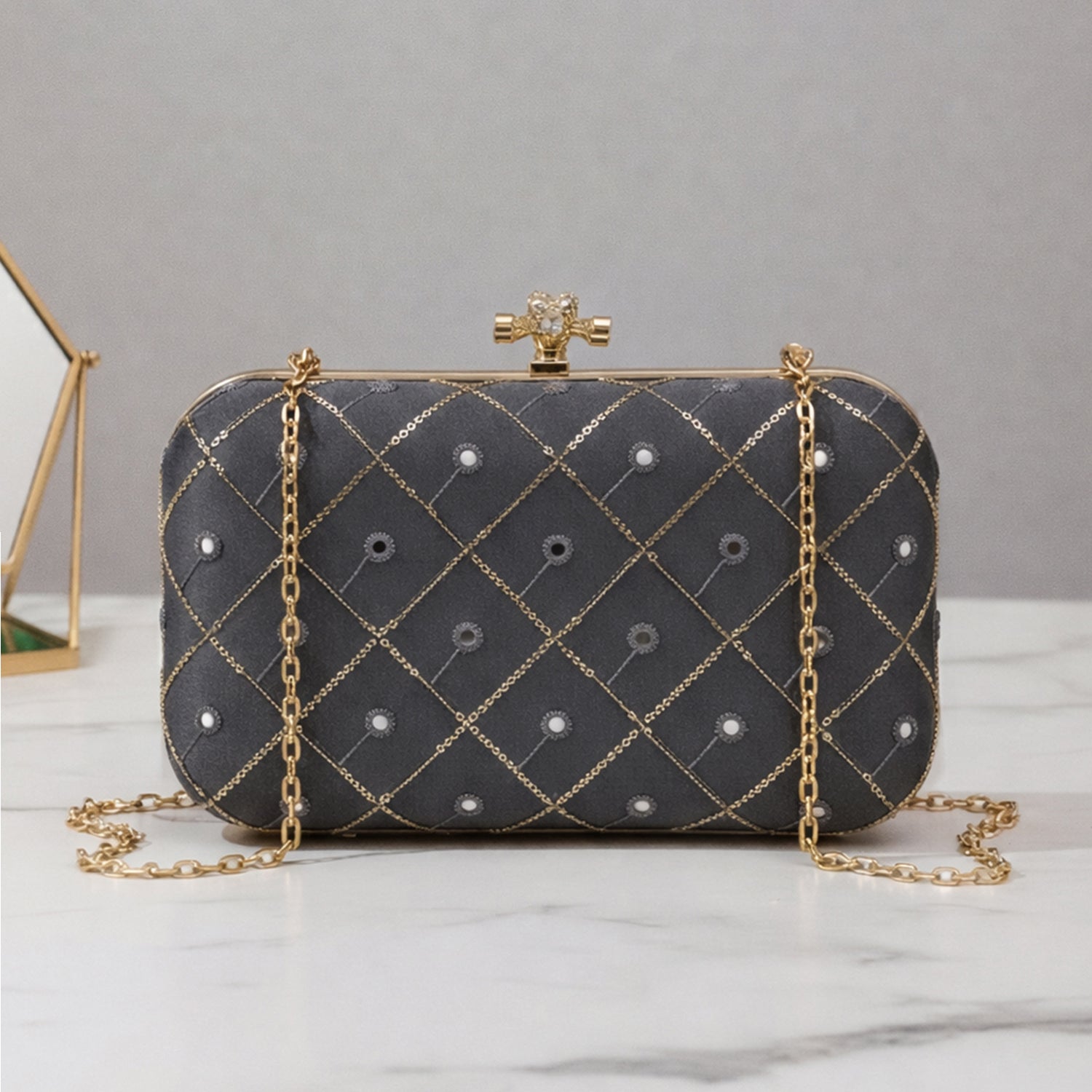 Artklim Dark Steel Grey Based Sequins Embrodiery Clutch