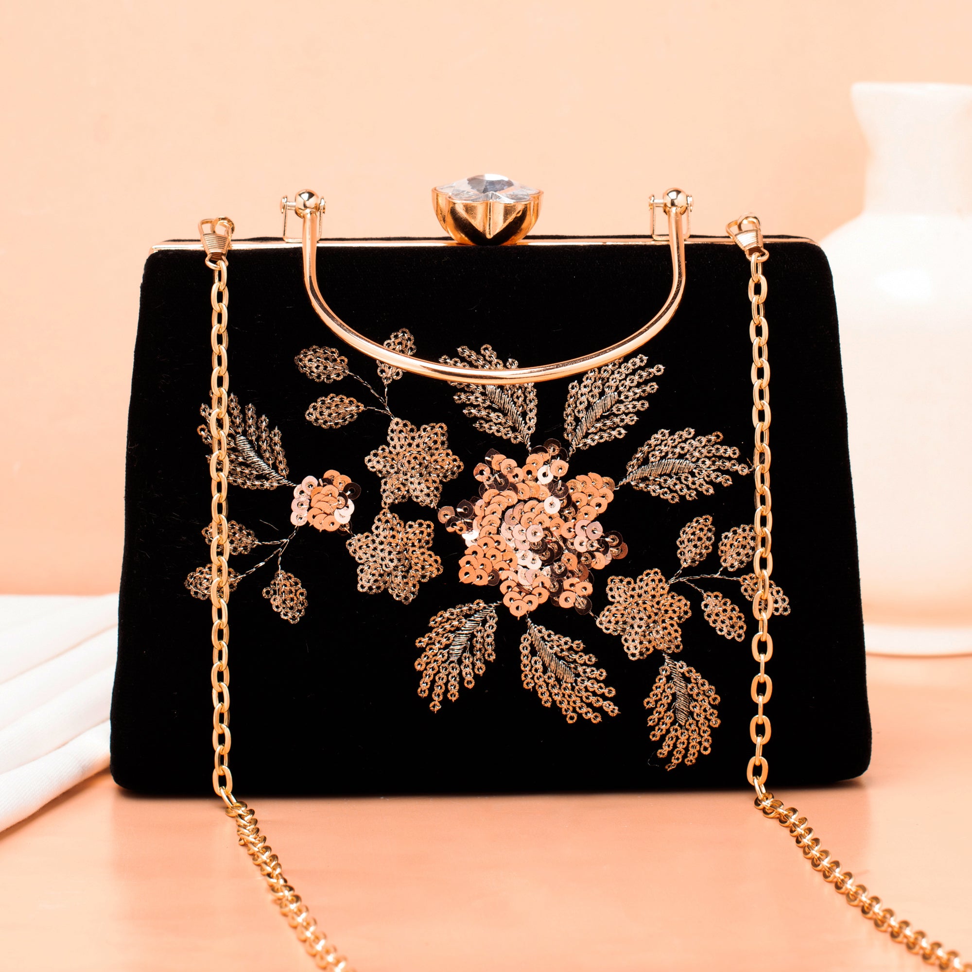 Artklim Black Based Floral Sequins Embroidery Ethnic Clutch