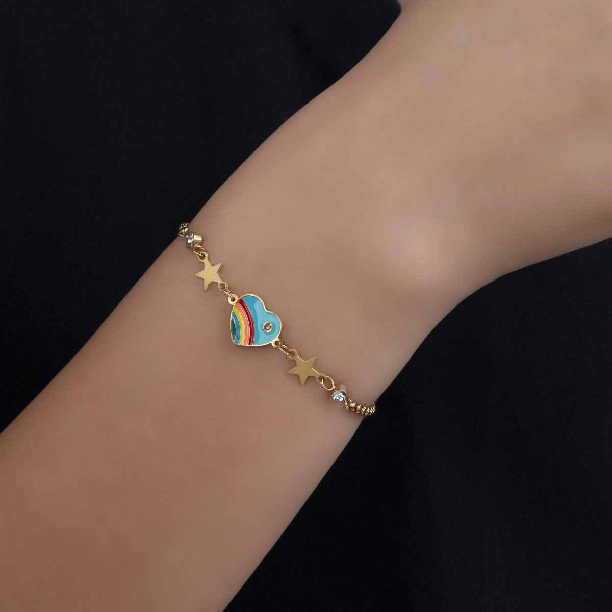 Artklim Gold Plated Heart Charm With Rainbow Stripes Bracelet