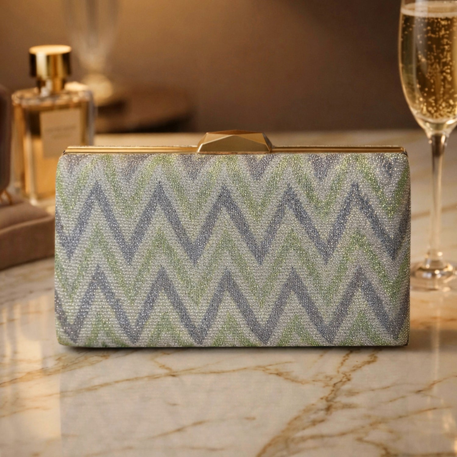 Artklim Elegant Dusty Green & Silver Zigzag Shimmer Clutch