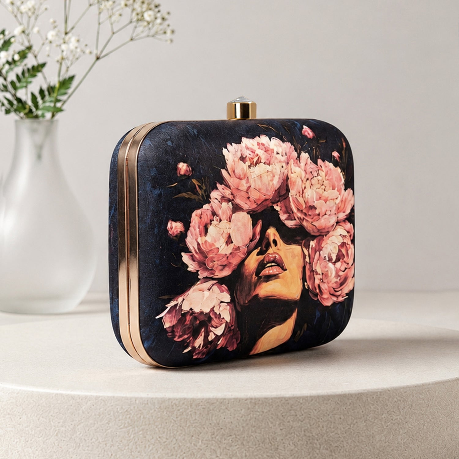 Artklim Black Based Floral Girl Portrait Printed Clutch