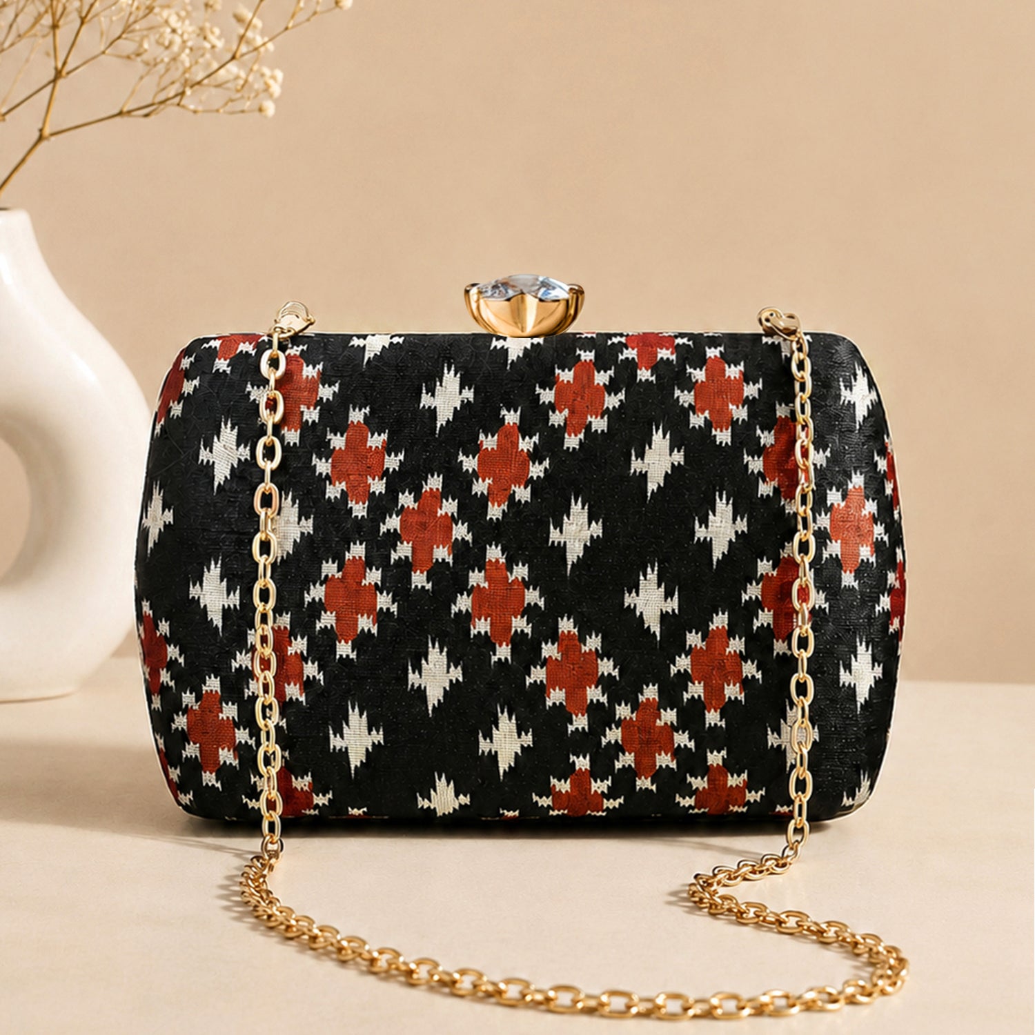 Artklim Black Rust Ethnic Geometric Pattern Printed Clutch