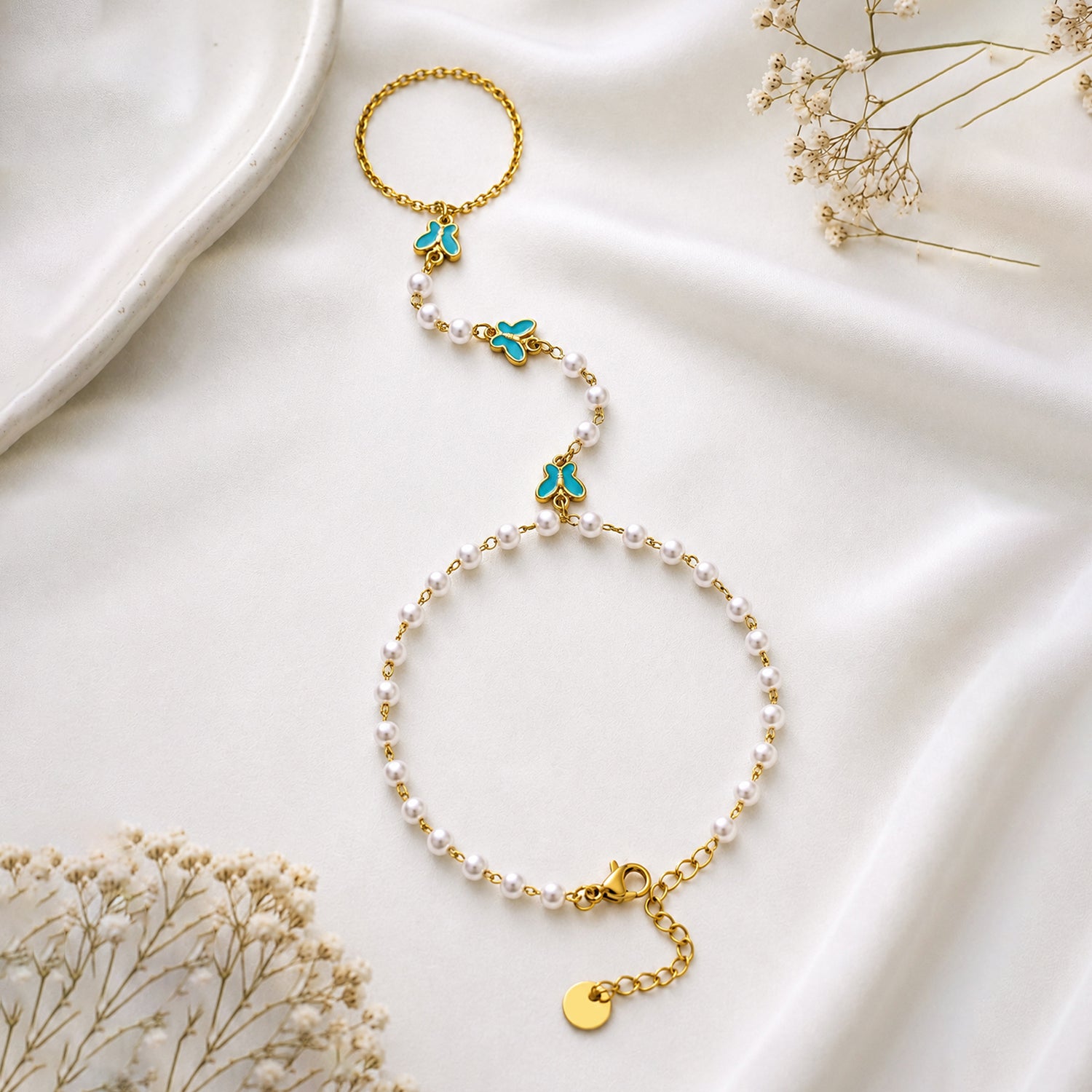 Artklim Gold Plated Pearl Butterfly Hand Harness Anti-Tarnish Hand Chain Bracelet