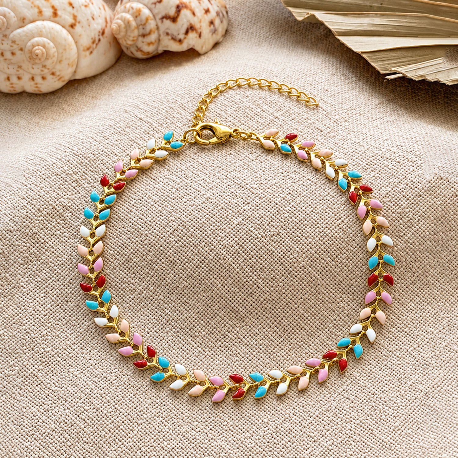 Artklim Multicolor Enamel Leaf Vine Gold Chain Anti-Tarnish Anklet