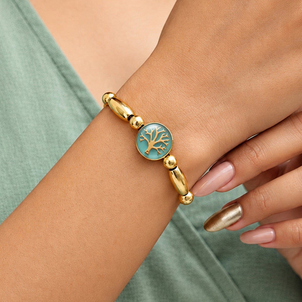 Artklim Luxe Tree of Life Turquoise Charm Gold-Tone Anti-Tarnish Bracelet