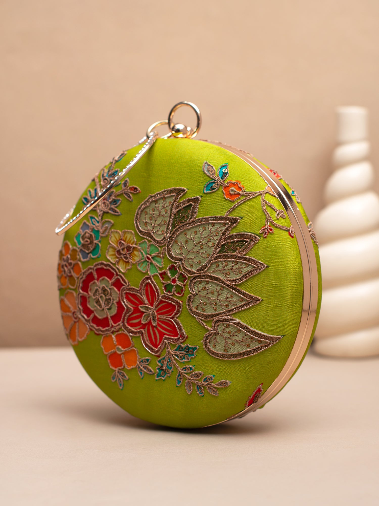 Artklim Green Brocade Floral Round Clutch