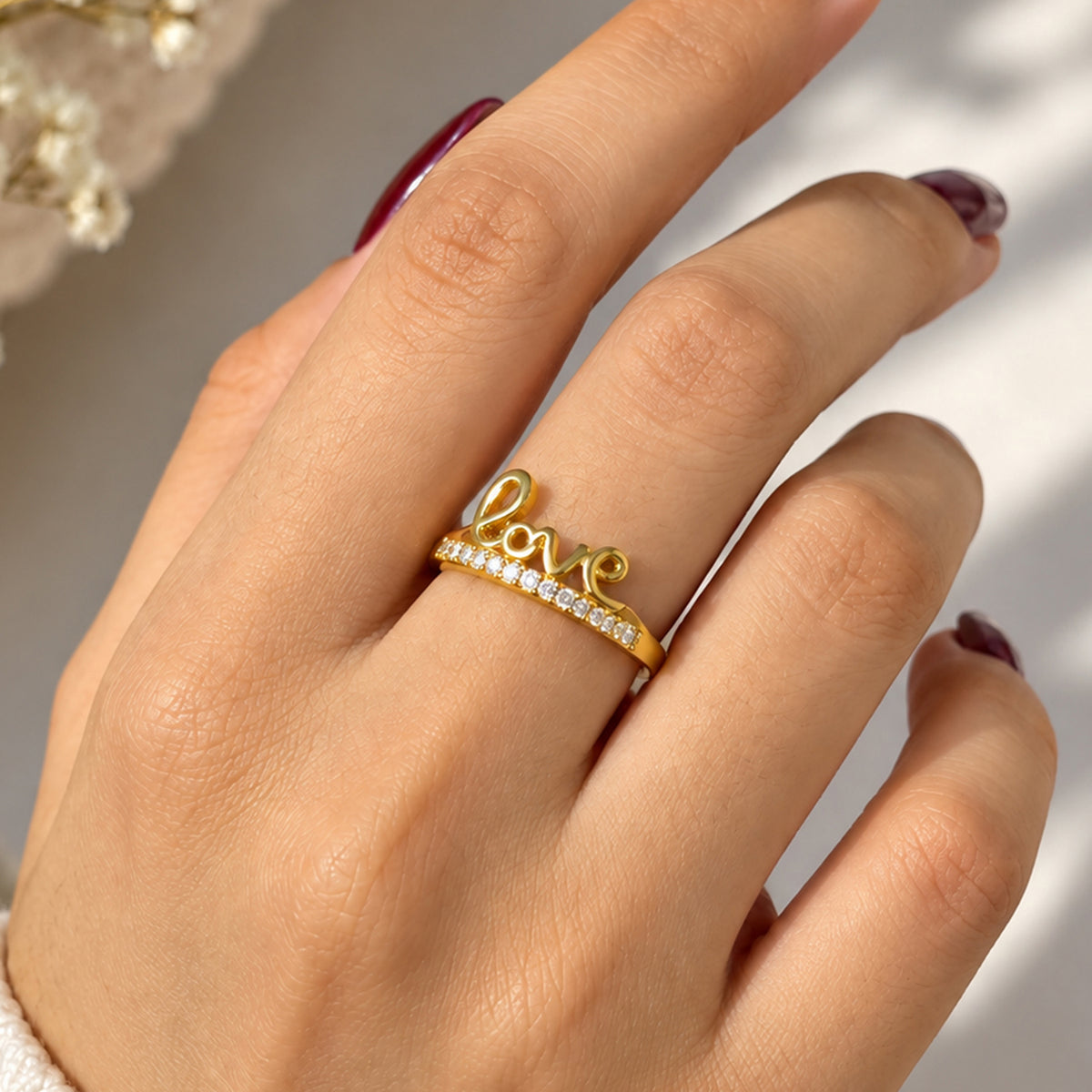 Artklim Elegant Love Letter Crystal Gold-Tone Statement Anti-Tarnish Ring