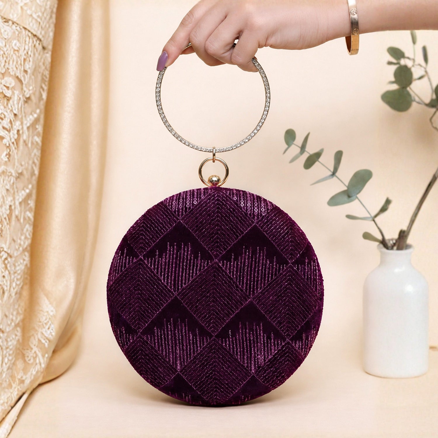 Wine Sequins Round Party Clutch