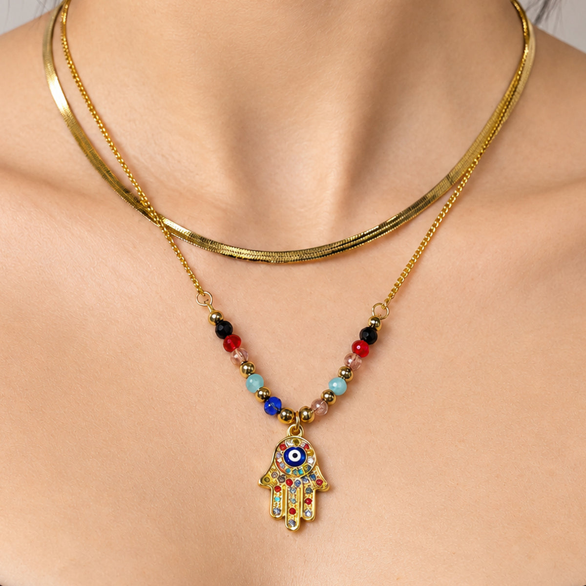 Artklim Multicolor Hamsa Hand Evil Eye Beaded Layered Anti-Tarnish Pendant Necklace