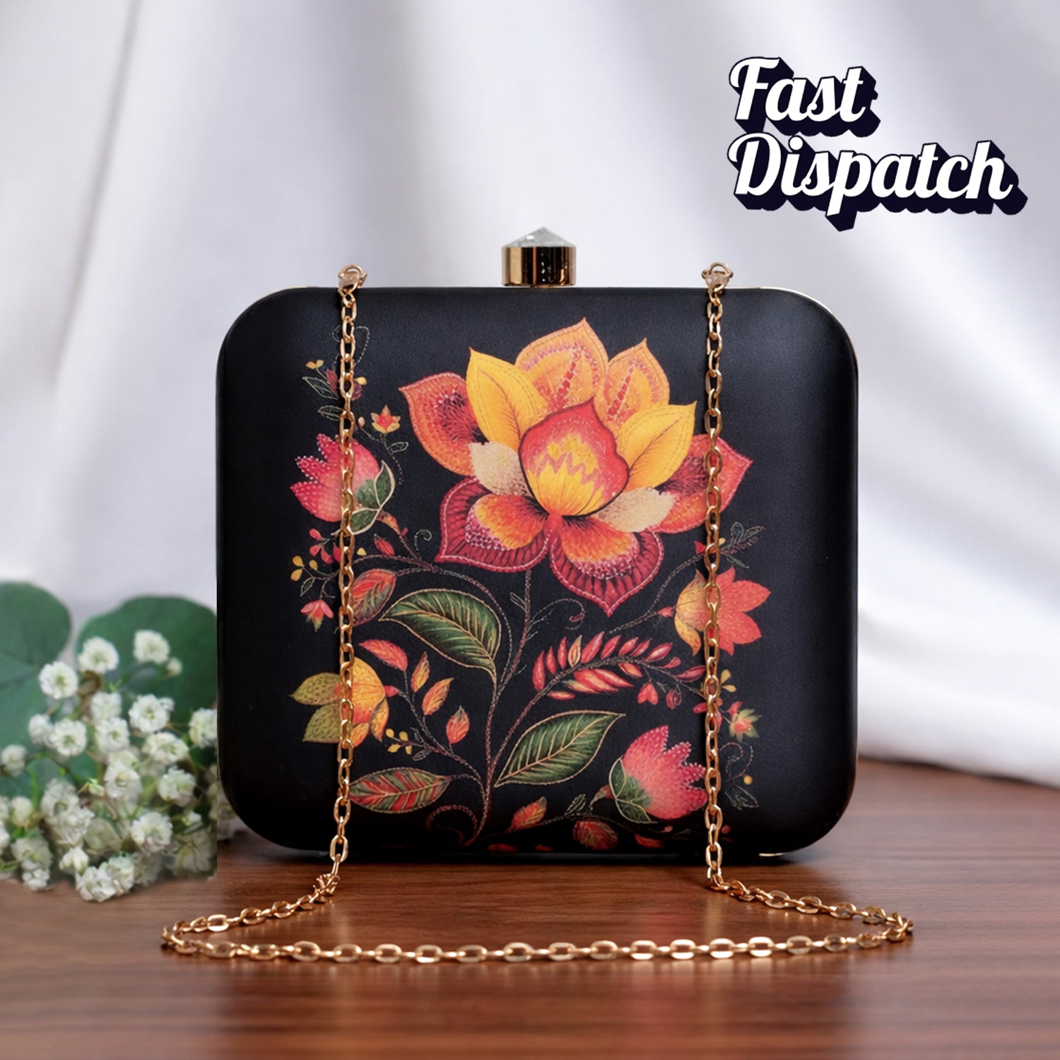 Artklim Black Based Yellow And Red Floral Printed Clutch