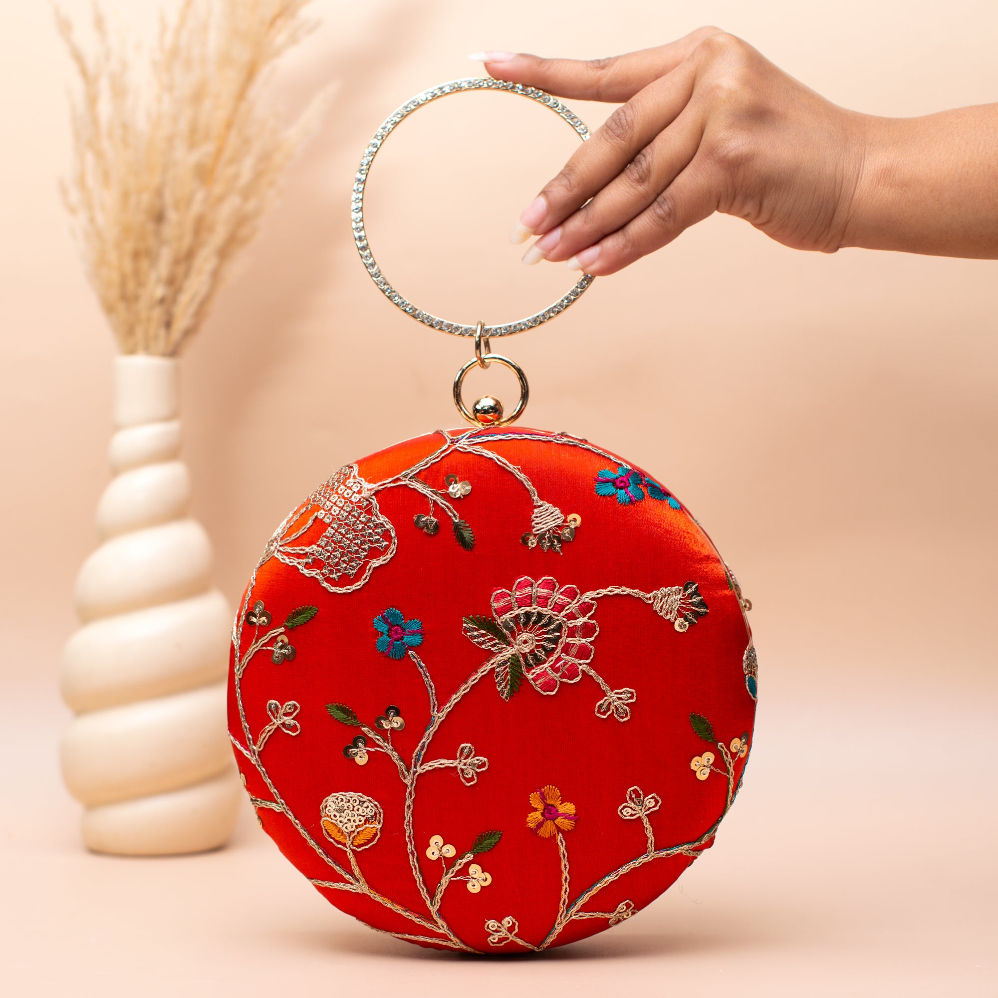 Artklim Red Floral Bright Embroidered Clutch