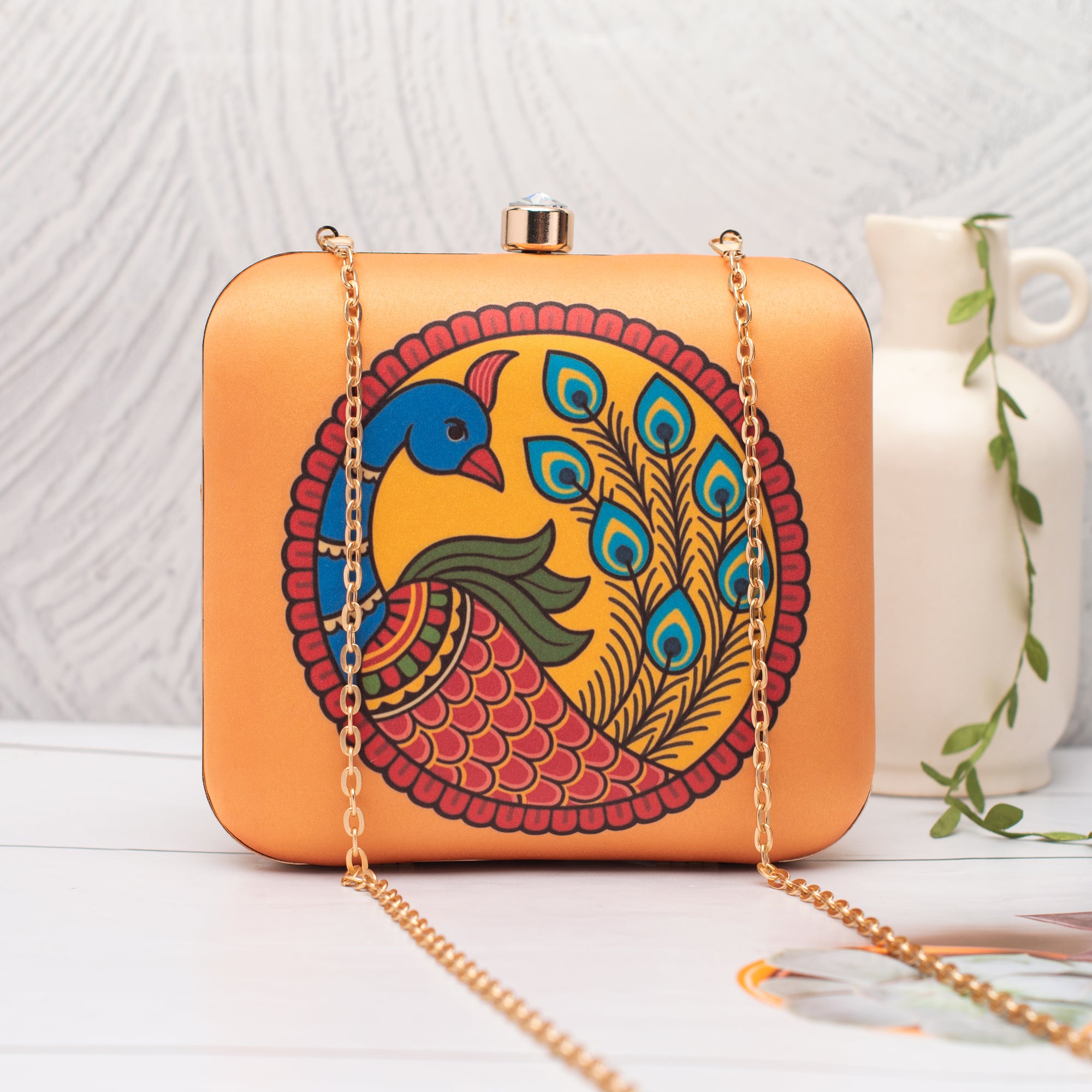 Artklim Orange with Madhubani Peacock Printed Clutch
