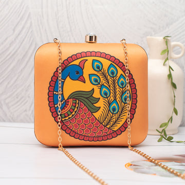Artklim Orange with Madhubani Peacock Printed Clutch