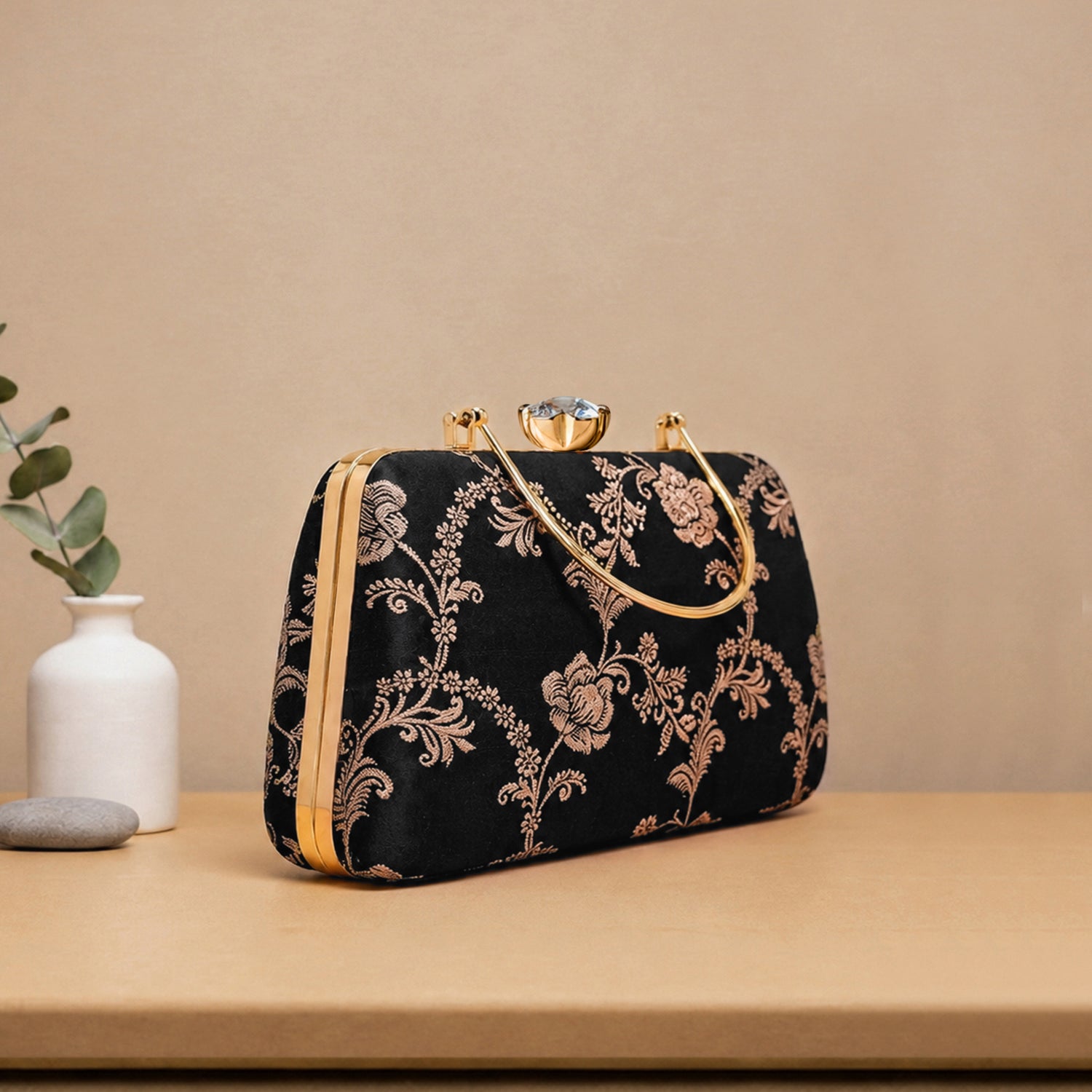 Artklim Midnight Blue Floral Embroidered Clutch Bag