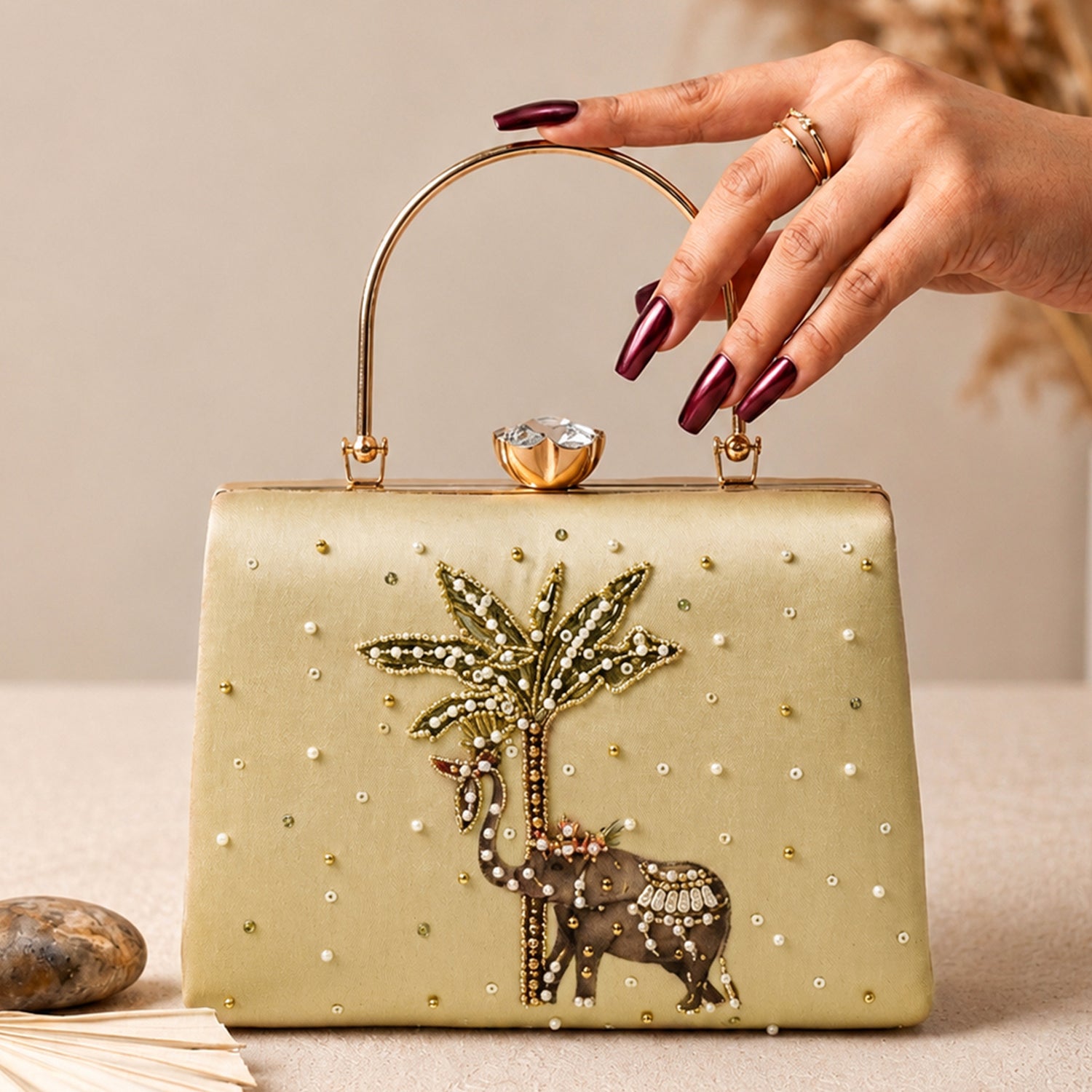 Artklim Majestic Elephant Palm Embellished Clutch