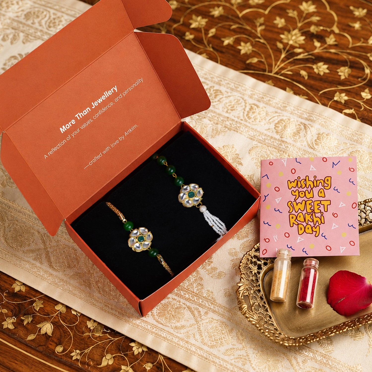 Artklim Green Kundan Floral Bhaiya Bhabhi Rakhi Set