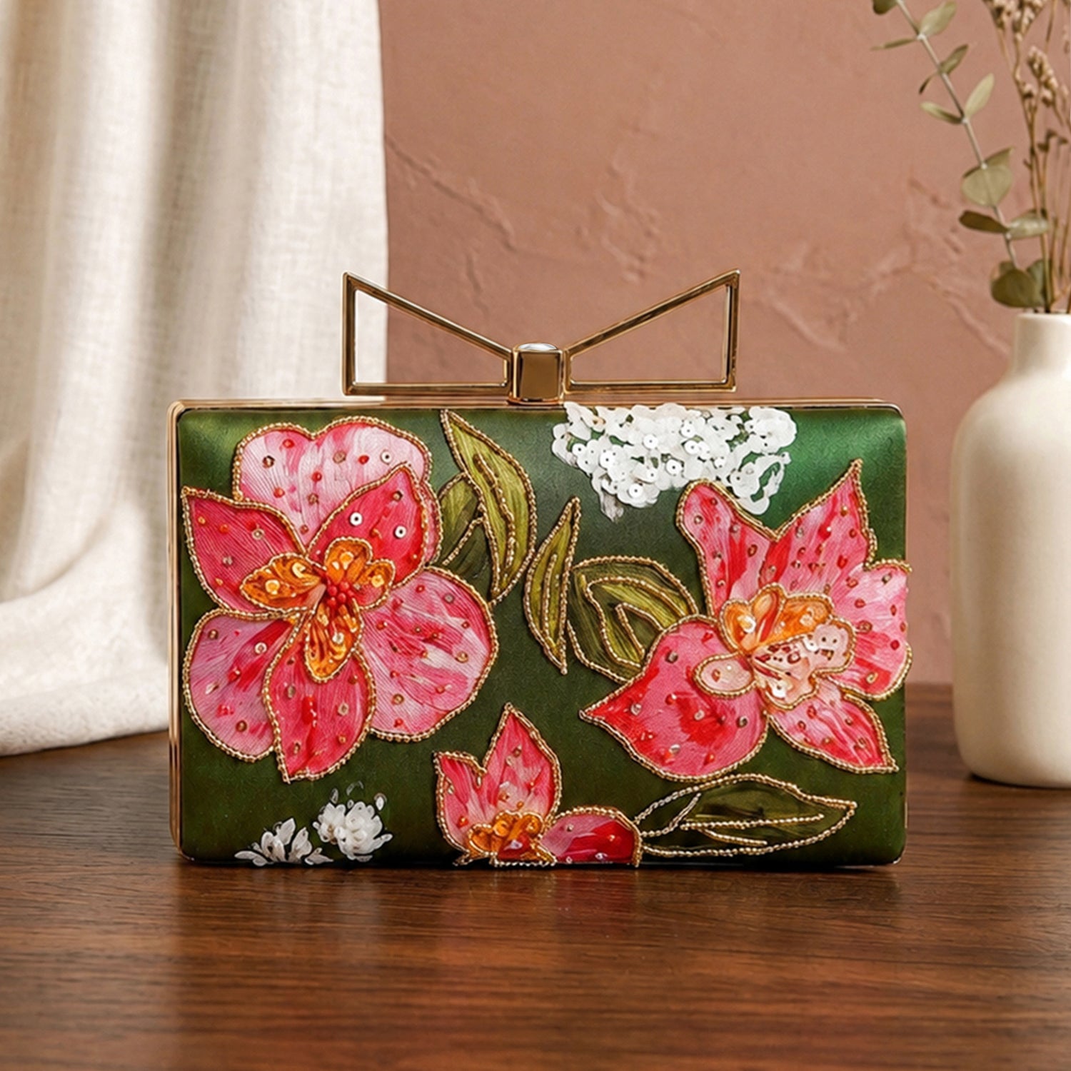 Artklim Printed Olive Green Pink Floral Designer Clutch with Hand Embroidery