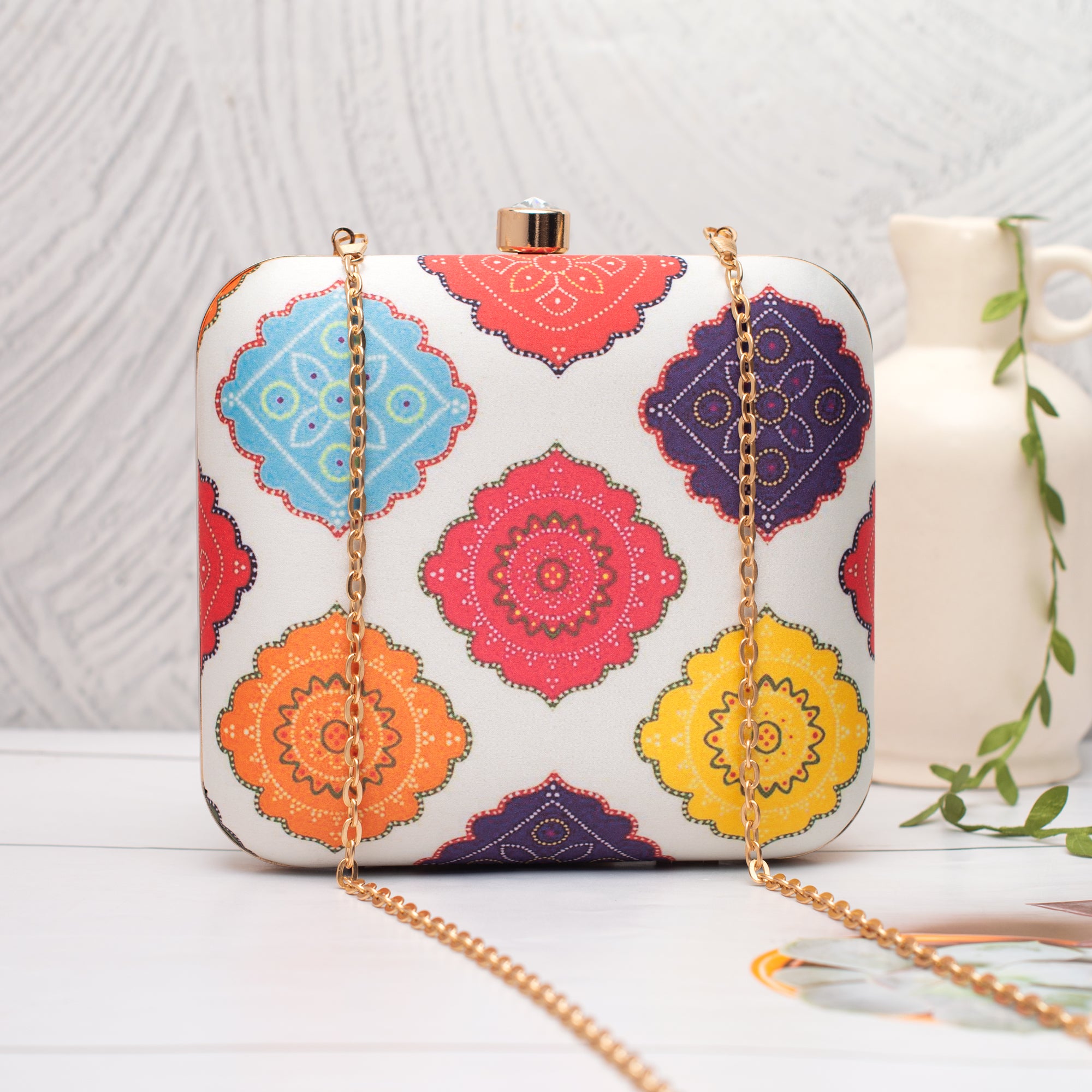 Artklim White with Multicolour Mandala Printed Clutch