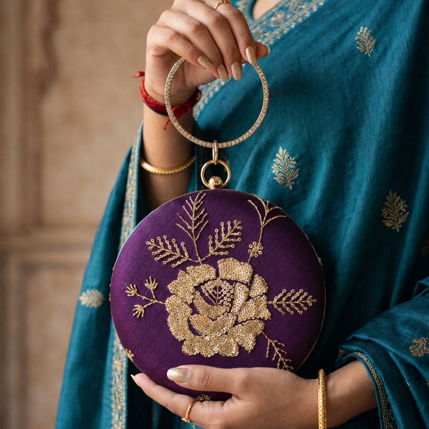 Artklim Deep Violet Floral Round Clutch