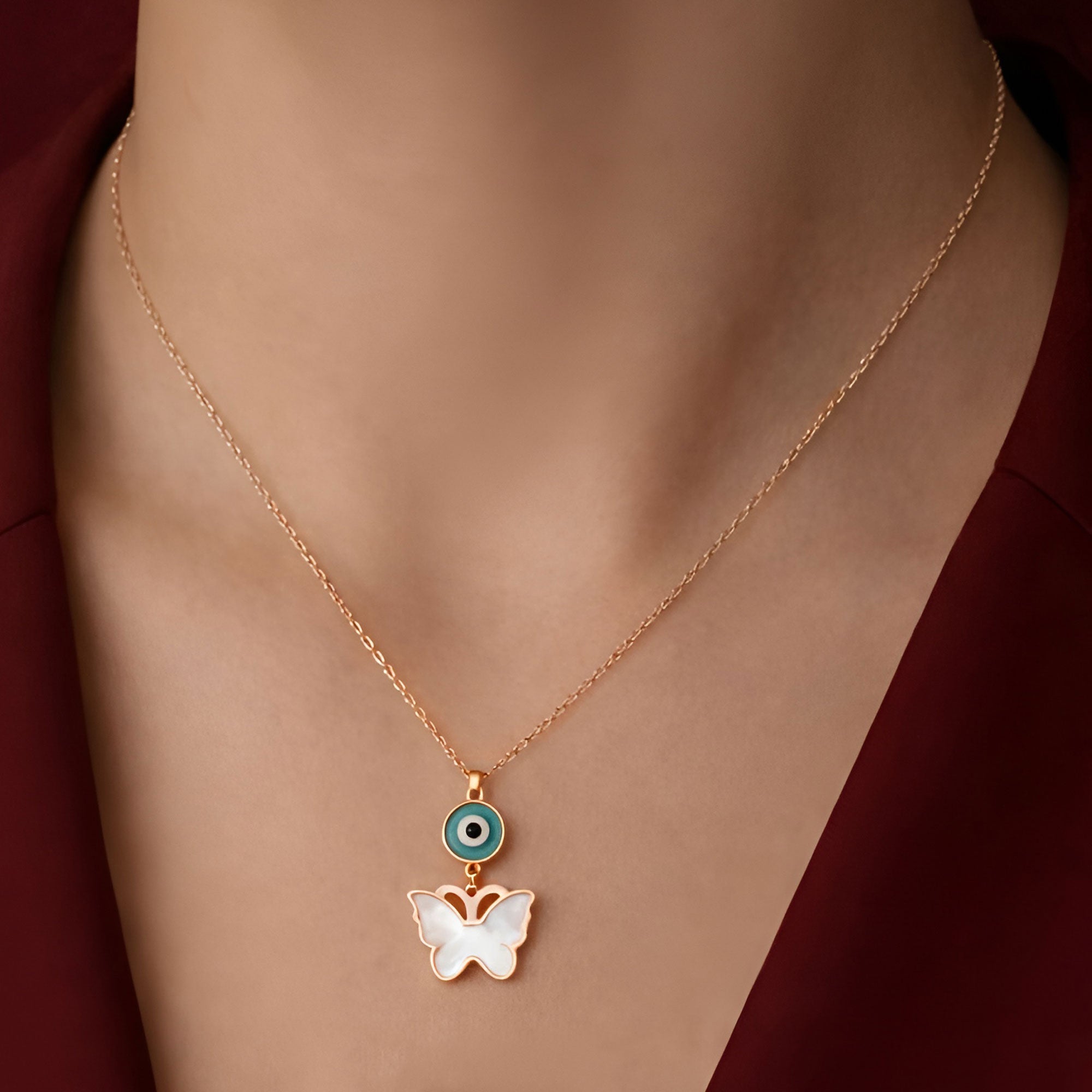 Artklim Gold-Plated Protective Evil Eye with Butterfly Drop Pendant Necklace