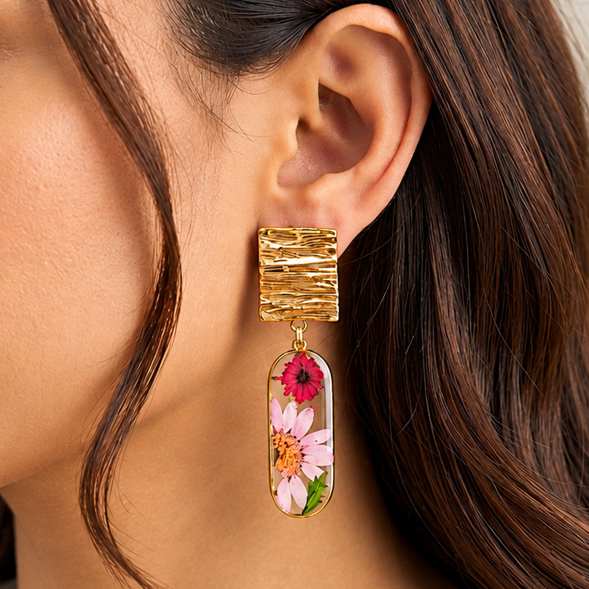 Artklim Elegant Pink Floral Gold-Tone Anti-Tarnish Earring