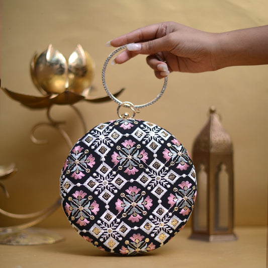 Black And Pink Floral Embroidery Round Clutch