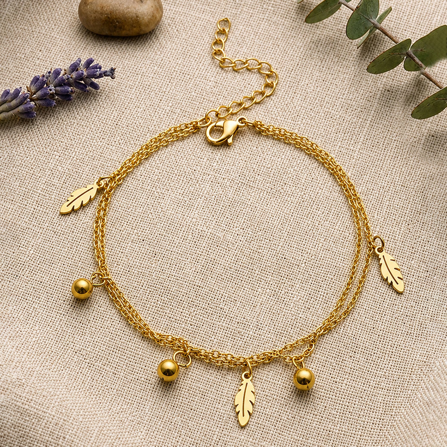 Artklim Feather & Bell Layered Charm Gold Anti-Tarnish Anklet