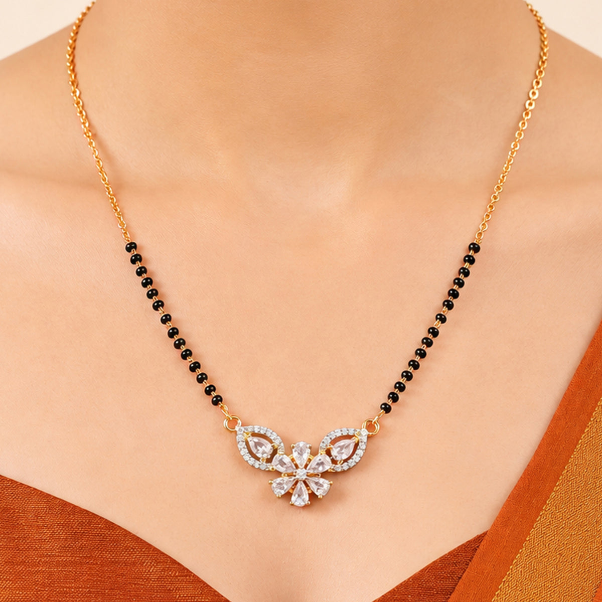 Artklim Elegant Floral Butterfly Design CZ Stone Gold-Plated Mangalsutra with Black Beads